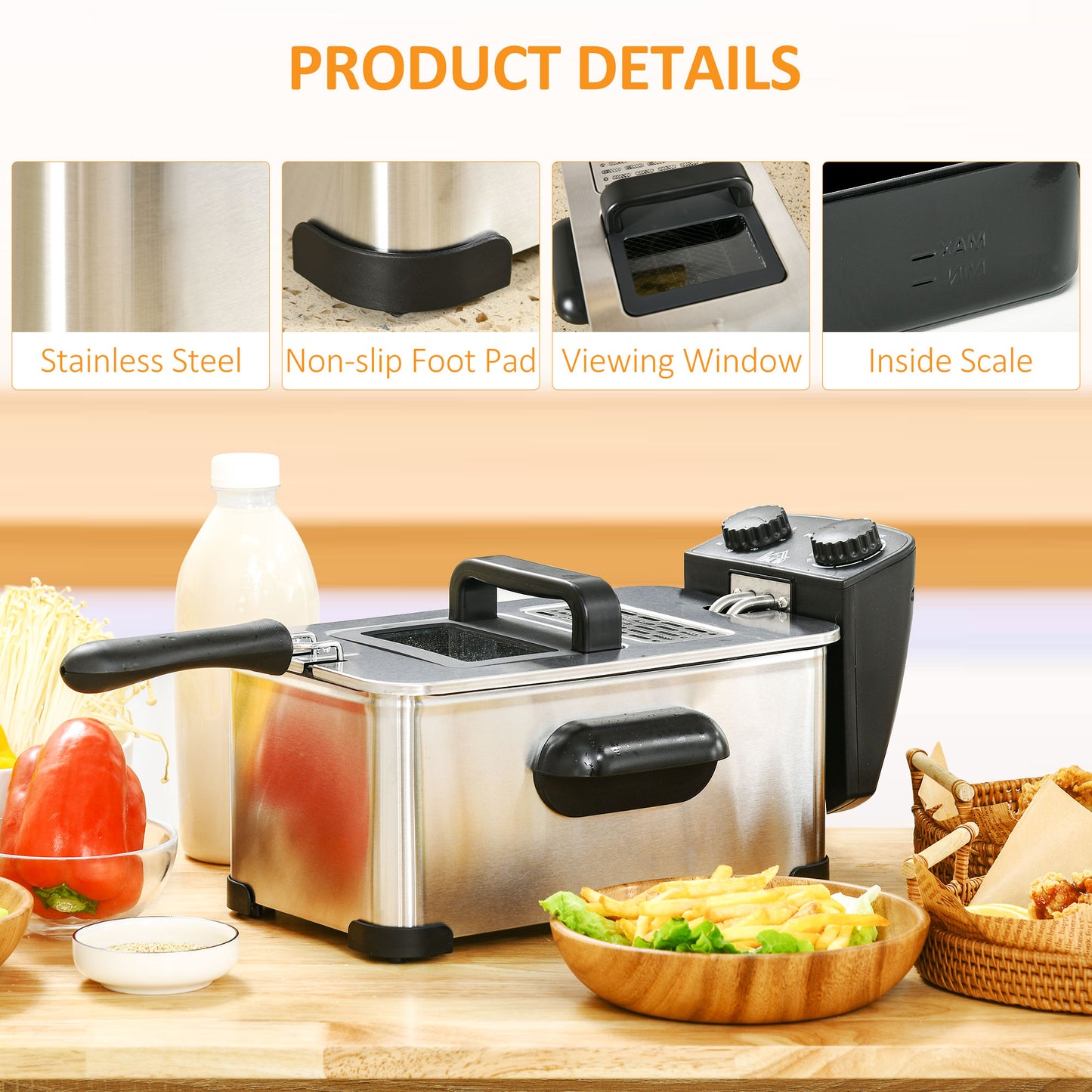 3 Litre Stainless Steel Deep Fat Fryer with Adjustable Temp, 60min Timer, Viewing Window and Safety Cut Out, 2000W | HOMCOM-3