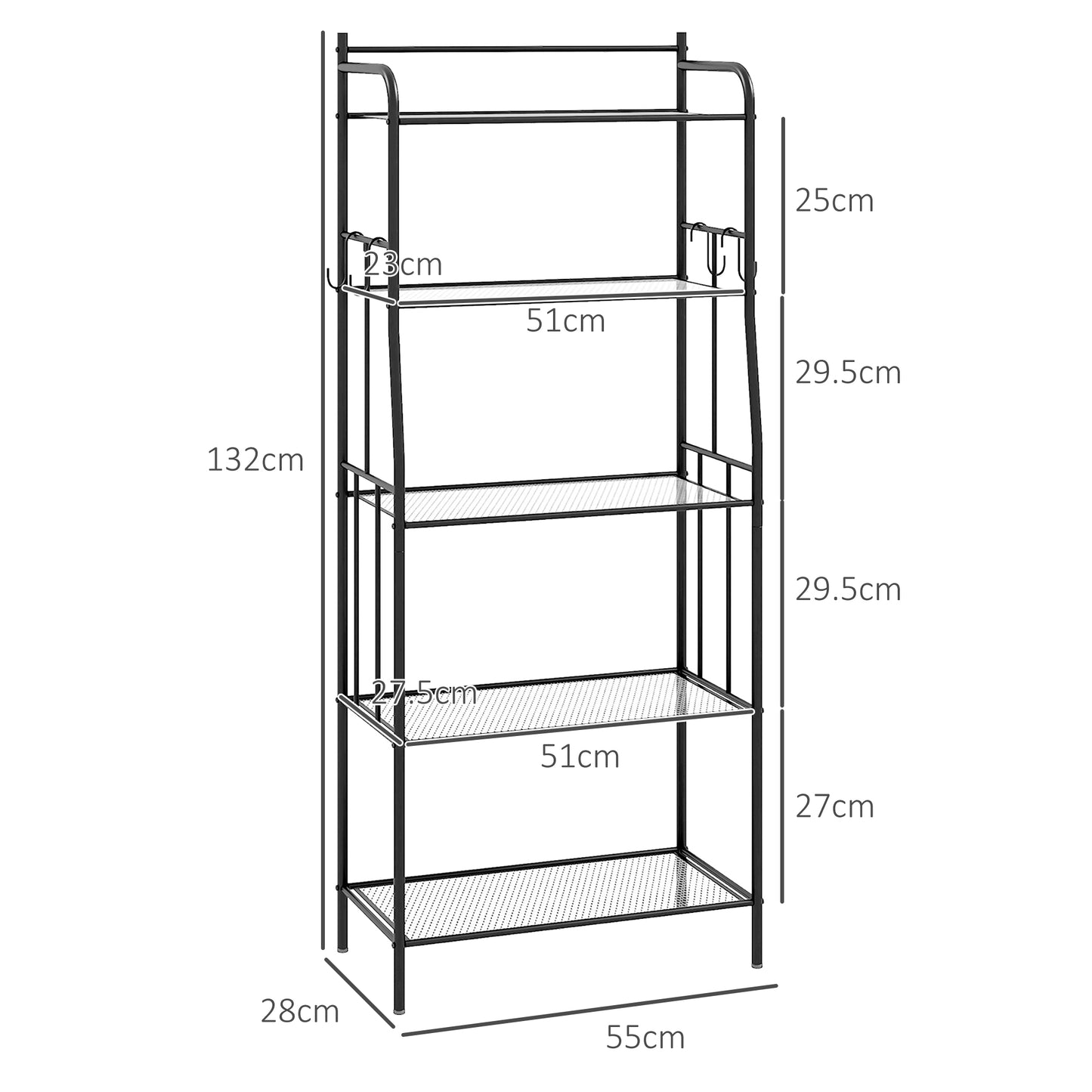 5-Tier Kitchen Storage Unit, Microwave Stand w/ 5 Mesh Open Shelves & 4 Hooks, Modern Coffee Bar Station w/ Steel Frame for Home | HOMCOM-1