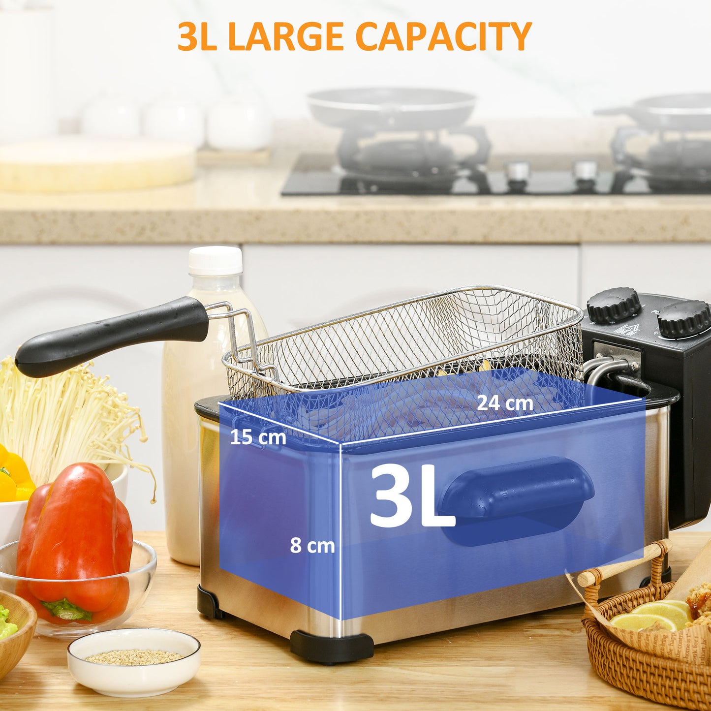 3 Litre Stainless Steel Deep Fat Fryer with Adjustable Temp, 60min Timer, Viewing Window and Safety Cut Out, 2000W | HOMCOM-6