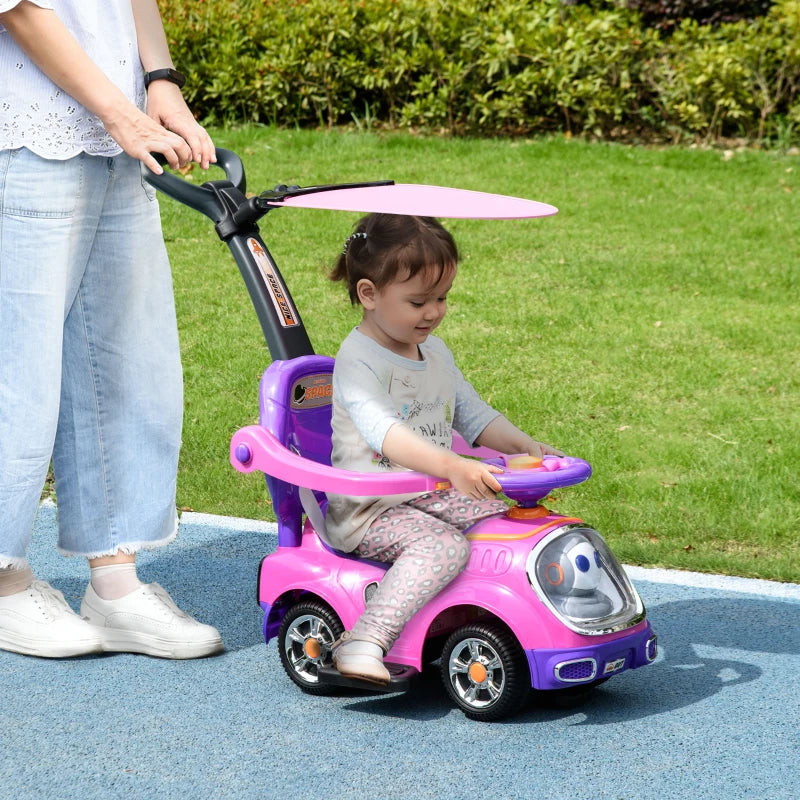 AIYAPLAY 3 in 1 Ride on Push Car, Cartoon Robot Theme Foot to Floor Slider with Handle Light Music Horn, Storage in Pink-8