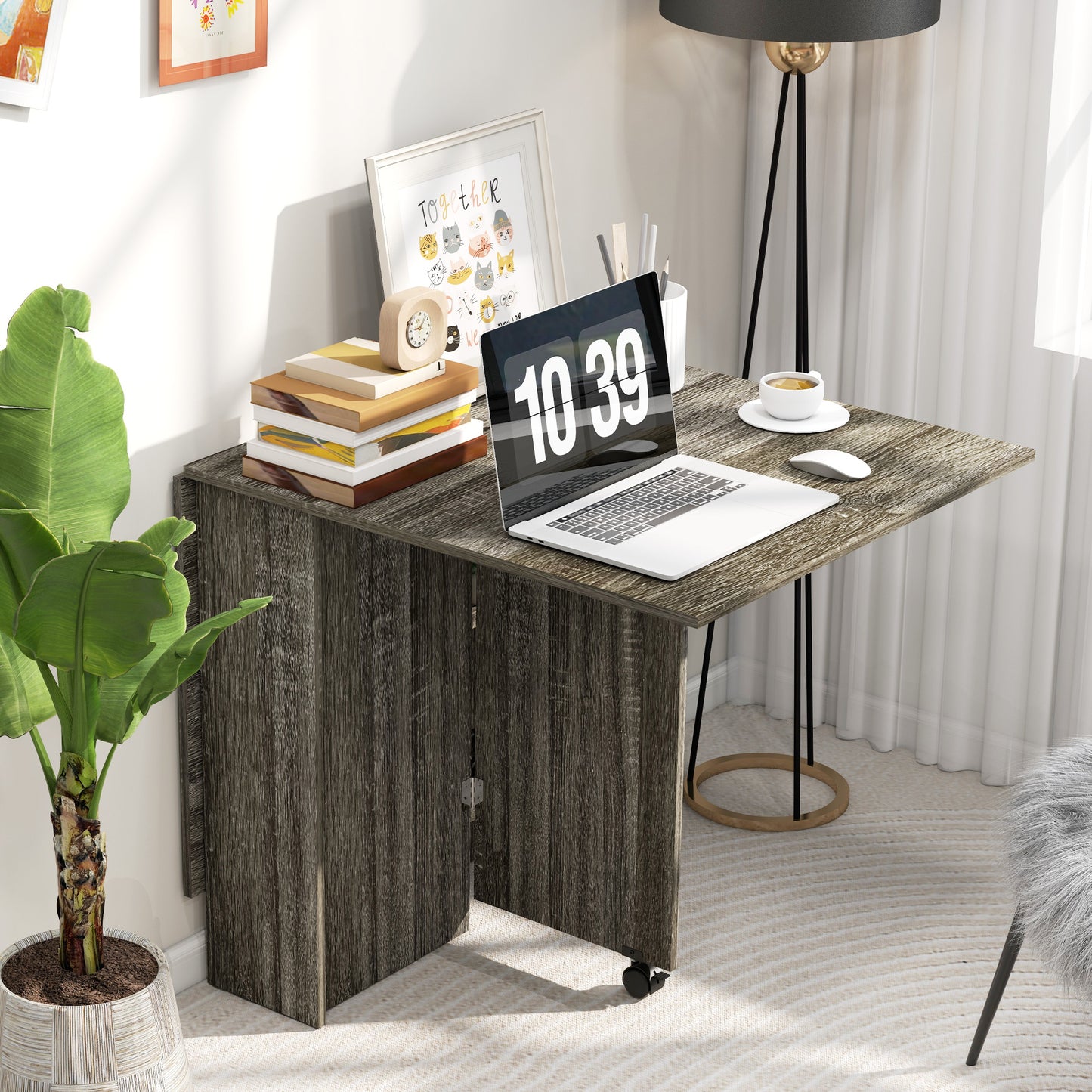 Grey Folding Kitchen Table with 2-tier Shelves, Rolling Casters, Drop Leaf Dining Table for Small Spaces | HOMCOM-6