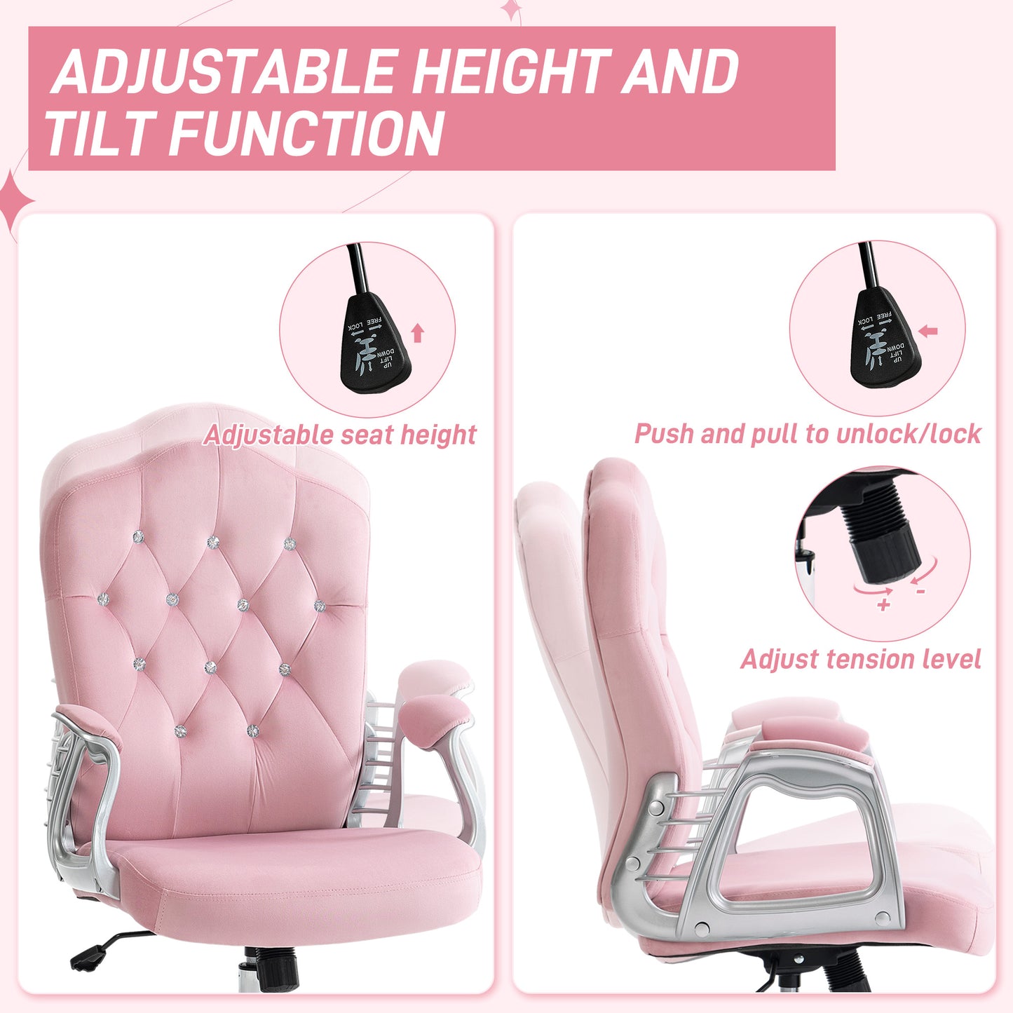 Vinsetto Computer Home Office Chair with 360 Degree Swivel Wheels, Adjustable Height, Tilt Function in Pink-3