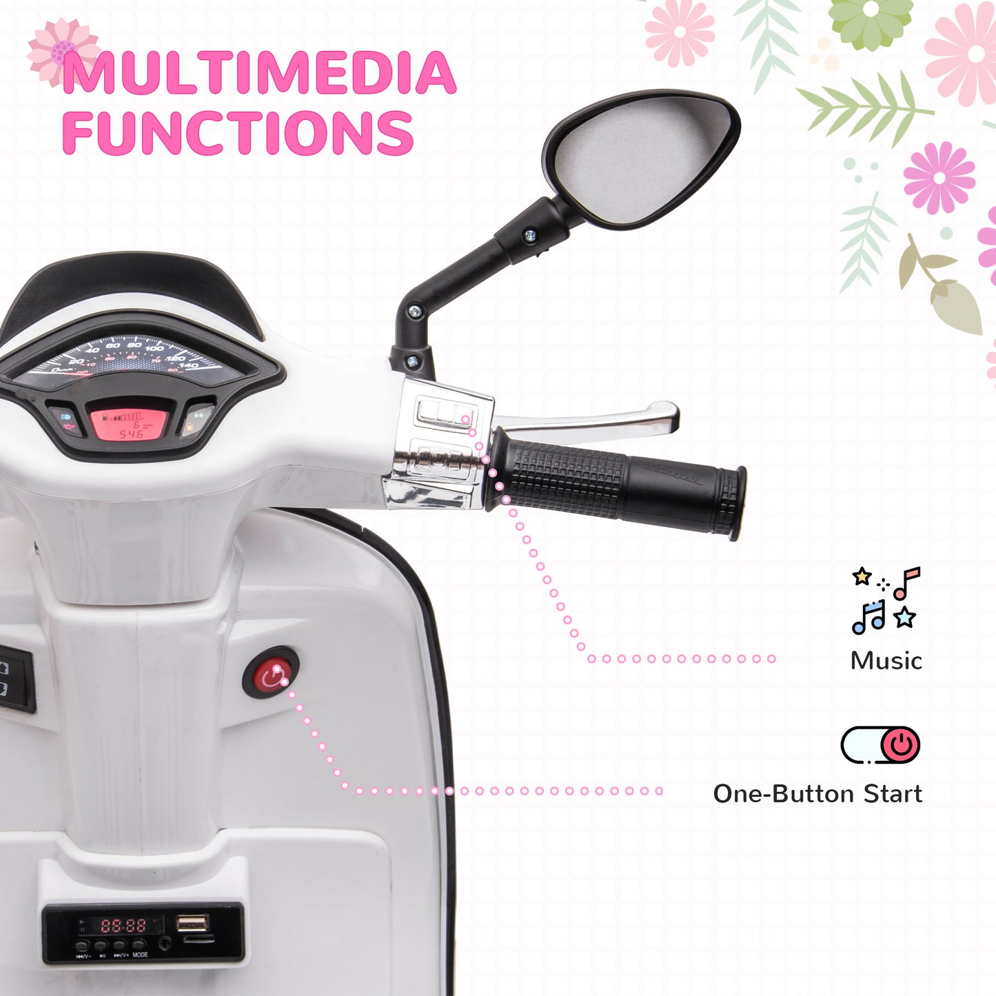 AIYAPLAY 12V Vespa Licensed Kids Electric Scooter Motorbike with Music, Headlights, FM Radio, for 3-6 Years in White-3