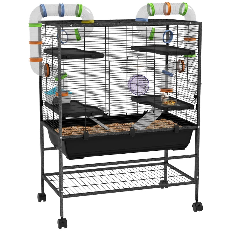 Large Hamster Cage Gerbil Cage with Tubes, Storage Shelf, Ramps, Platforms, Running Wheel - Black by PawHut-0