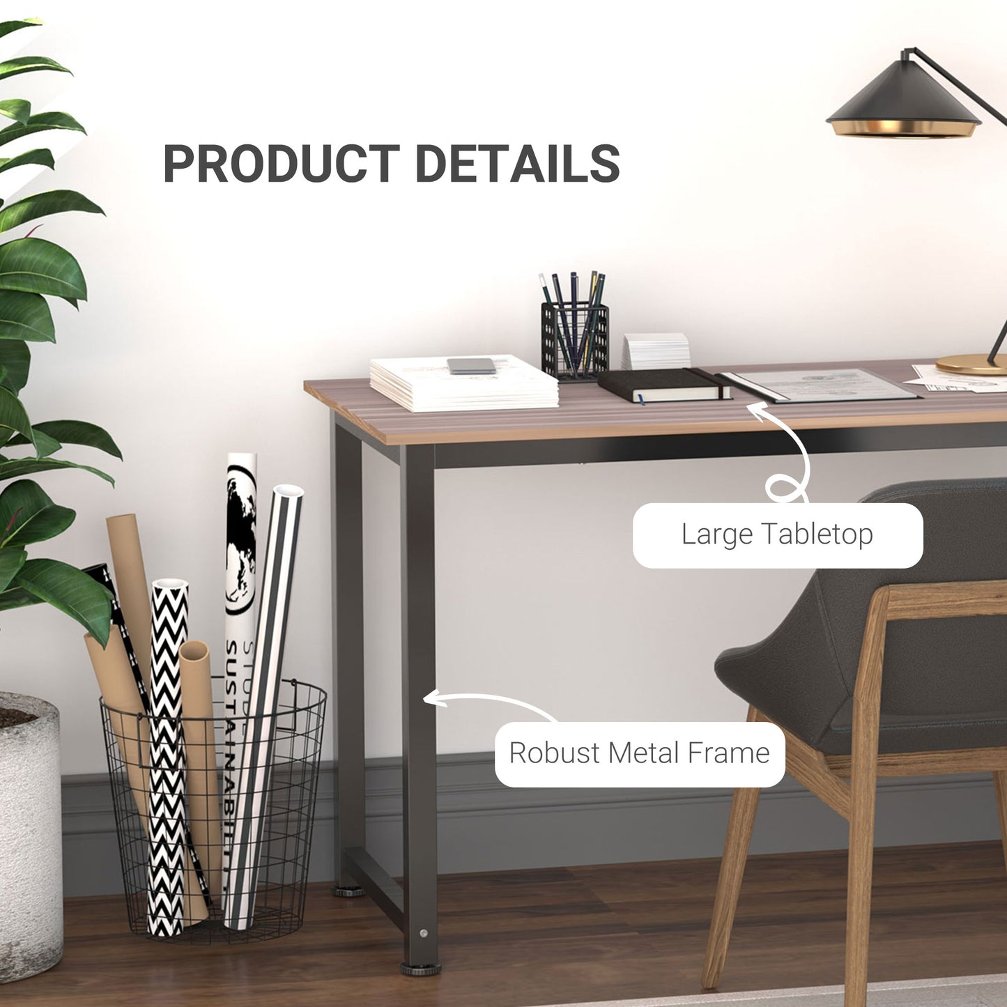 Computer Desk, PC Writing Table, Home Office Workstation, Adjustable Feet, Metal Frame in Oak Black | HOMCOM-3