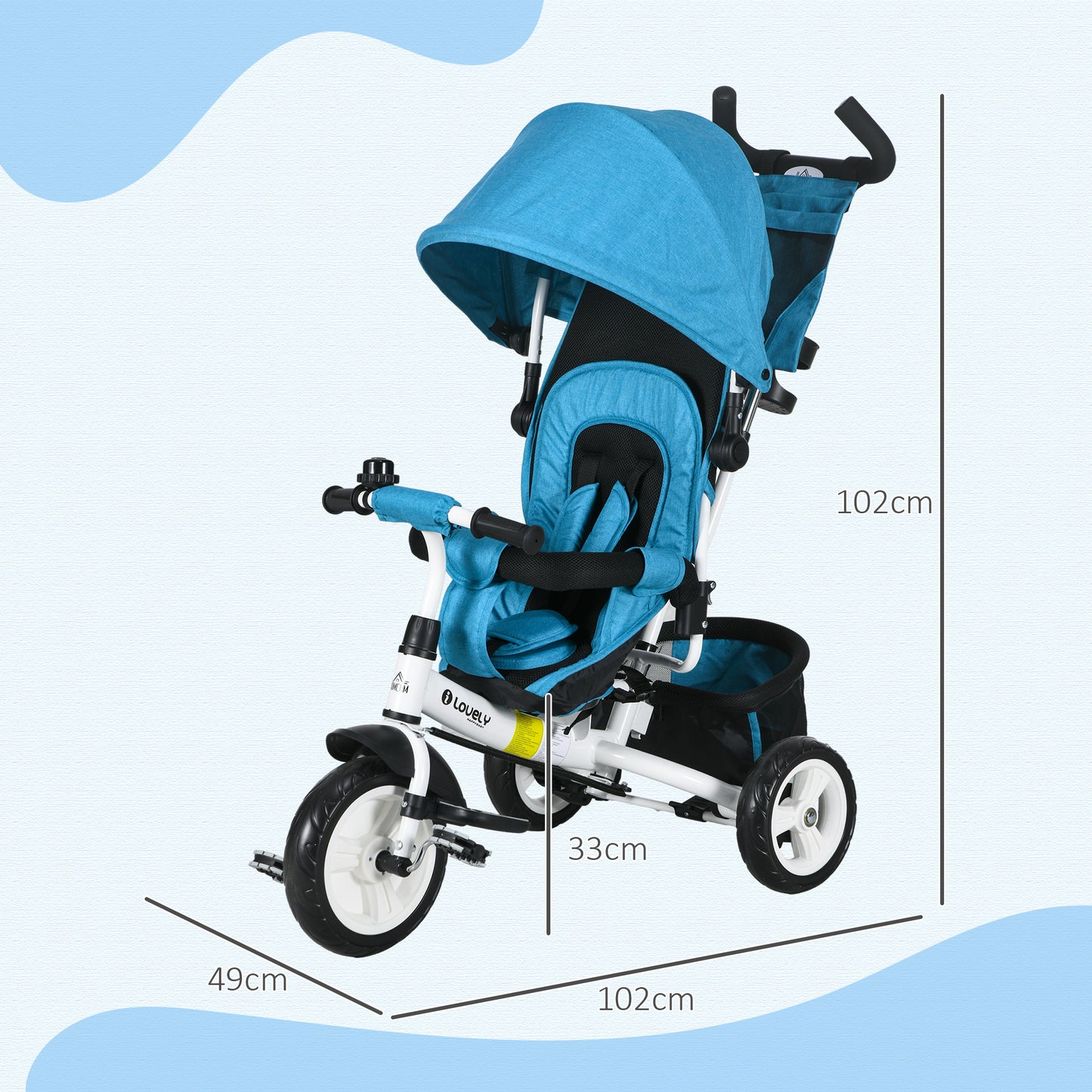 4 in 1 Kids Trike Push Bike w/ Push Handle, Canopy, 5-point Safety Belt, Storage, Footrest, Brake, for 1-5 Years, Blue | HOMCOM-1