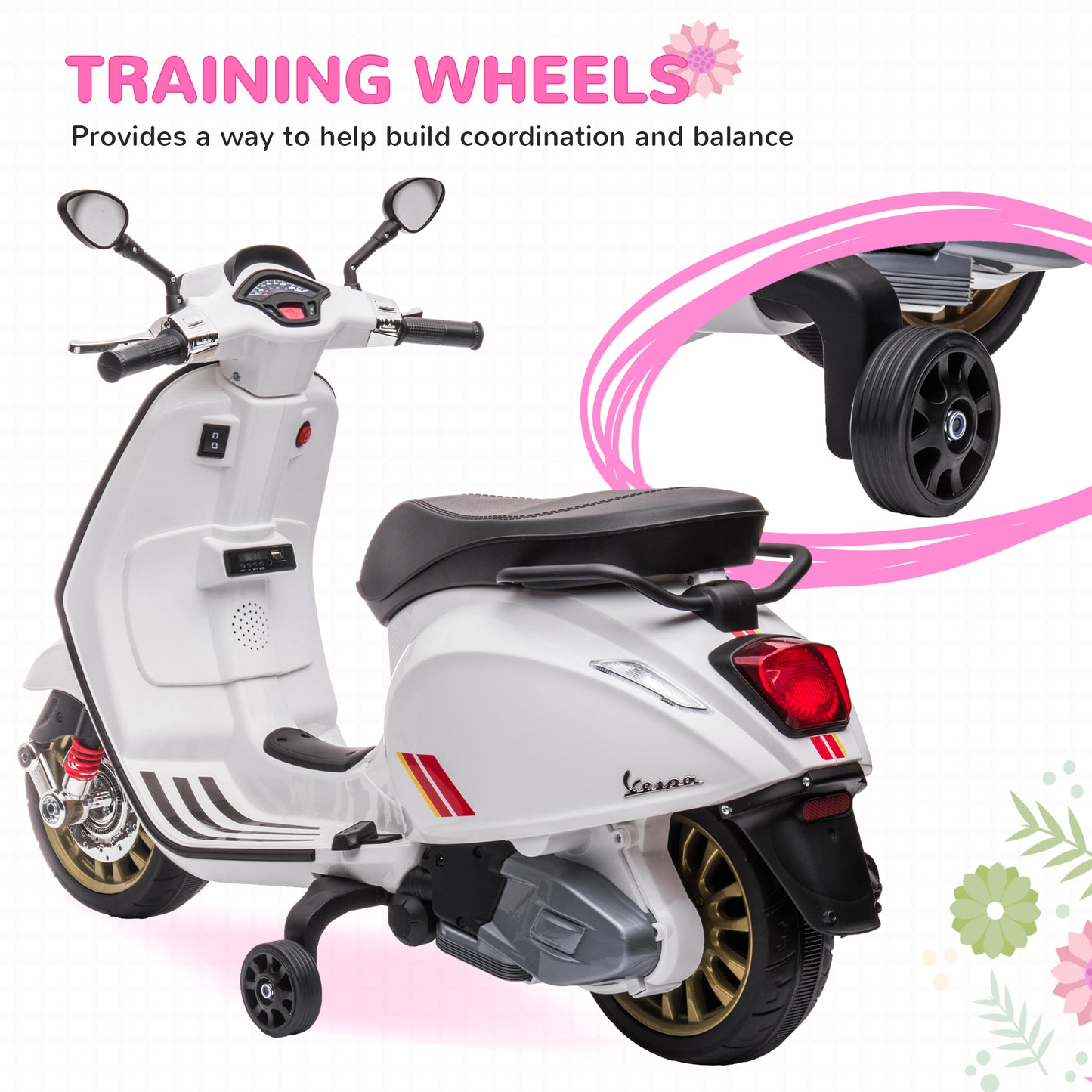 AIYAPLAY 12V Vespa Licensed Kids Electric Scooter Motorbike with Music, Headlights, FM Radio, for 3-6 Years in White-4