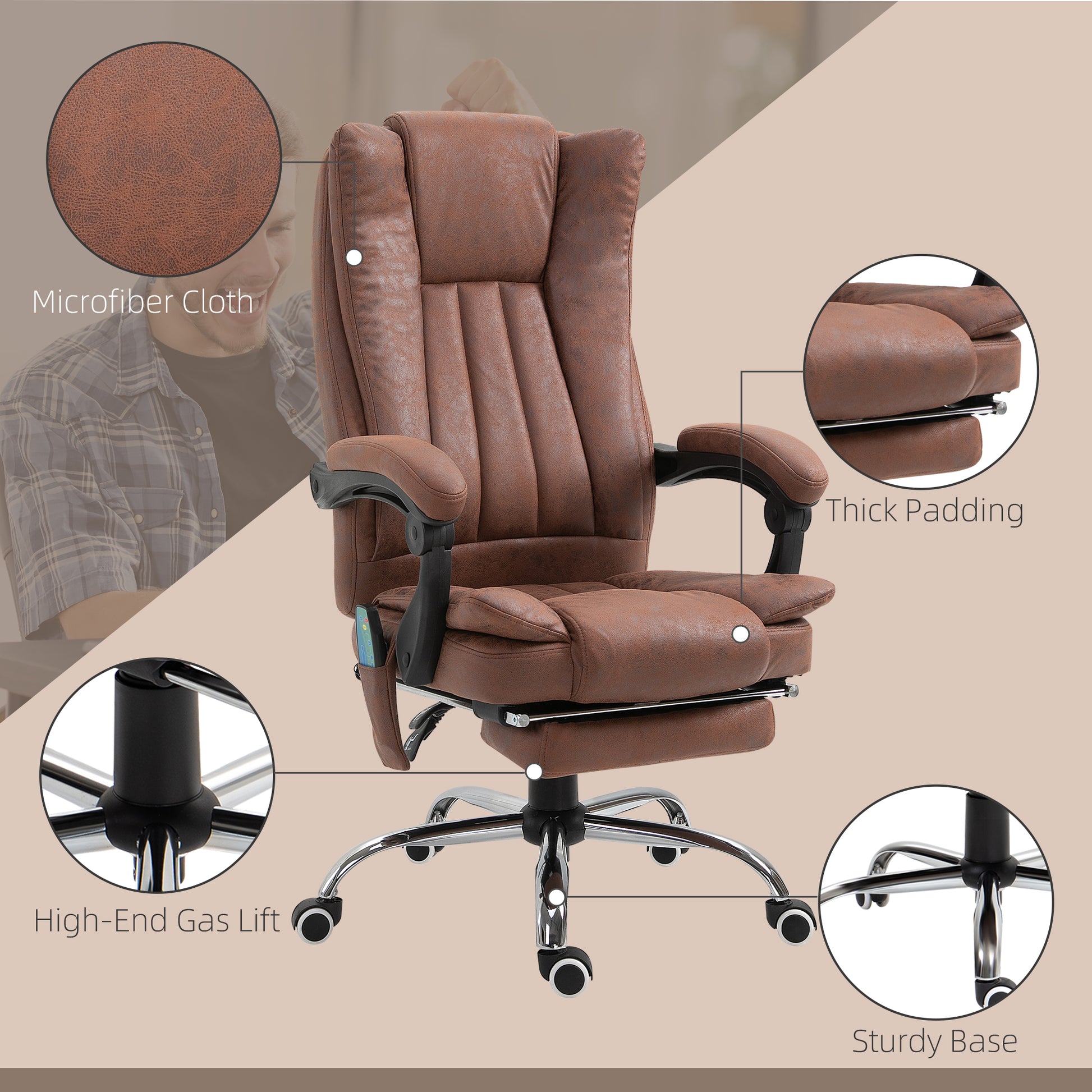 High Back Vibration Massage Office Chair, Executive Office Chair, Heated Reclining Leathaire Fabric Chair w/ Footrest, Brown | Vinsetto-5
