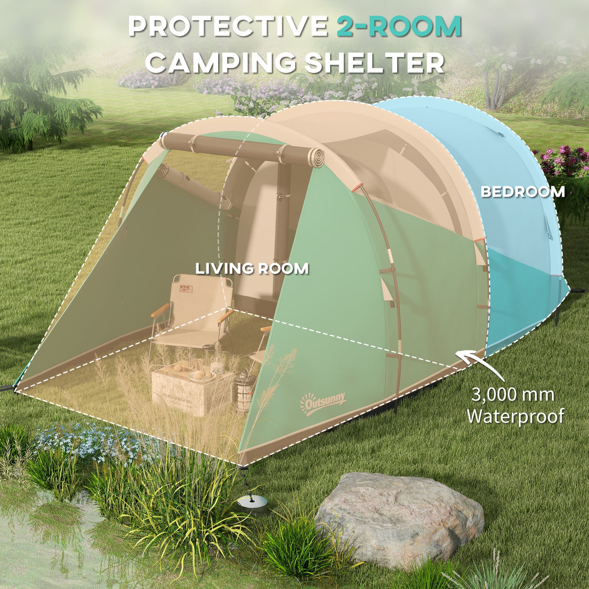 Outsunny 2 Room Camping Tent for 4-5 Man, 3000mm Waterproof Family Tent with Carry Bag, for Fishing Hiking Festival, Green-2