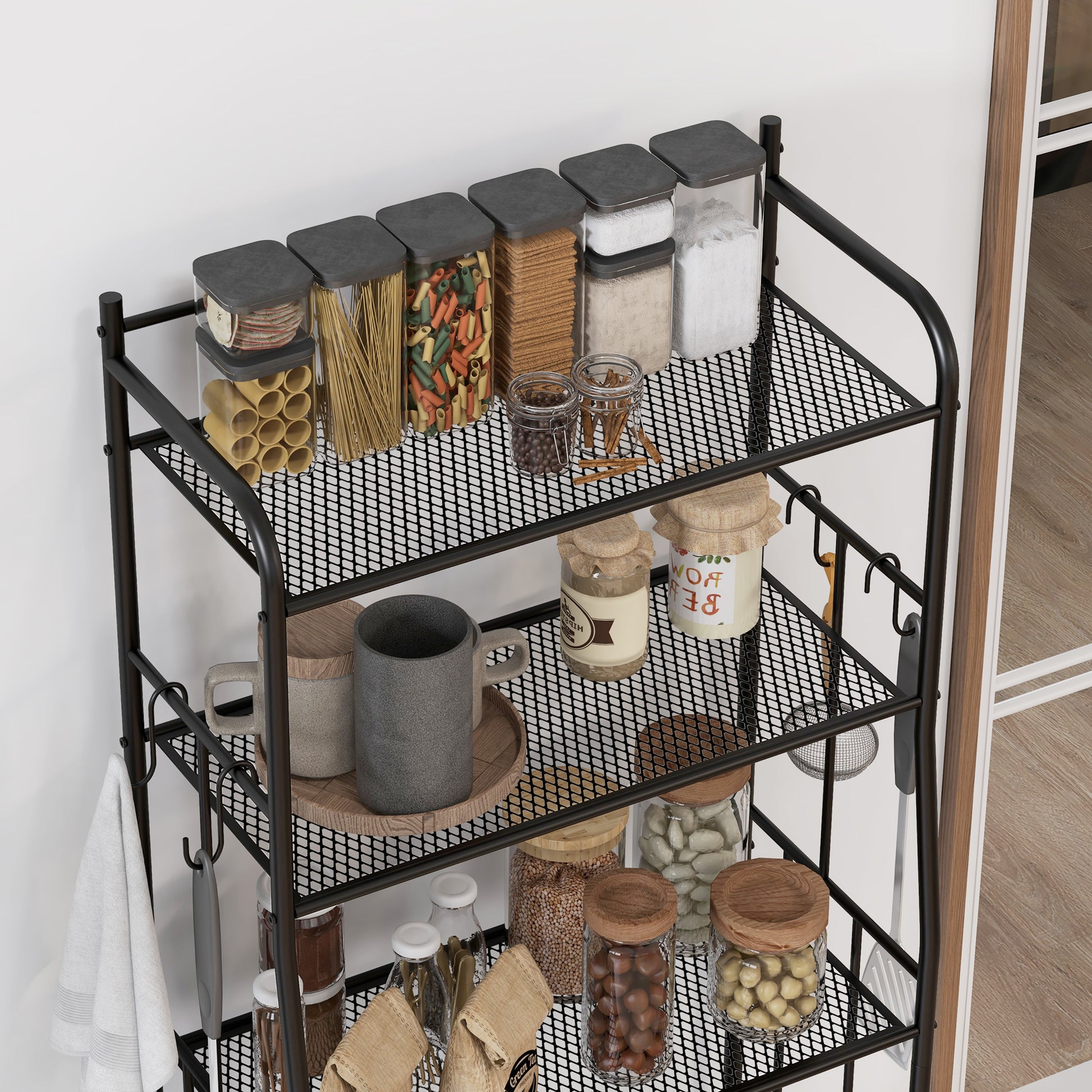 5-Tier Kitchen Storage Unit, Microwave Stand w/ 5 Mesh Open Shelves & 4 Hooks, Modern Coffee Bar Station w/ Steel Frame for Home | HOMCOM-6