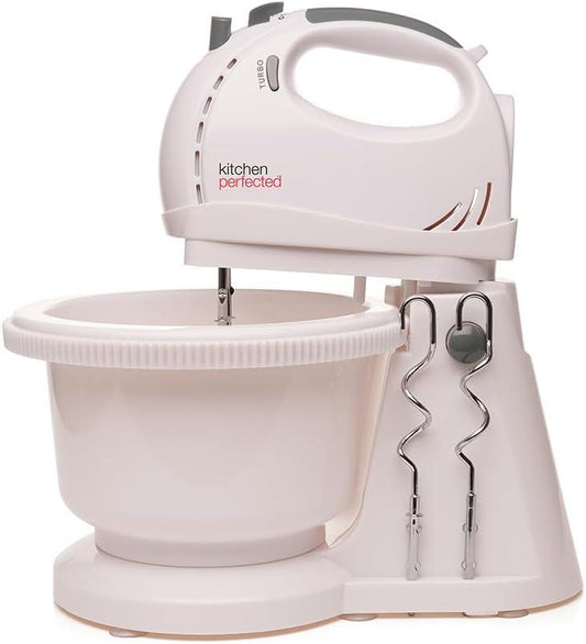 KitchenPerfected 300w Hand Mixer with 2ltr Rotating Bowl in White-0