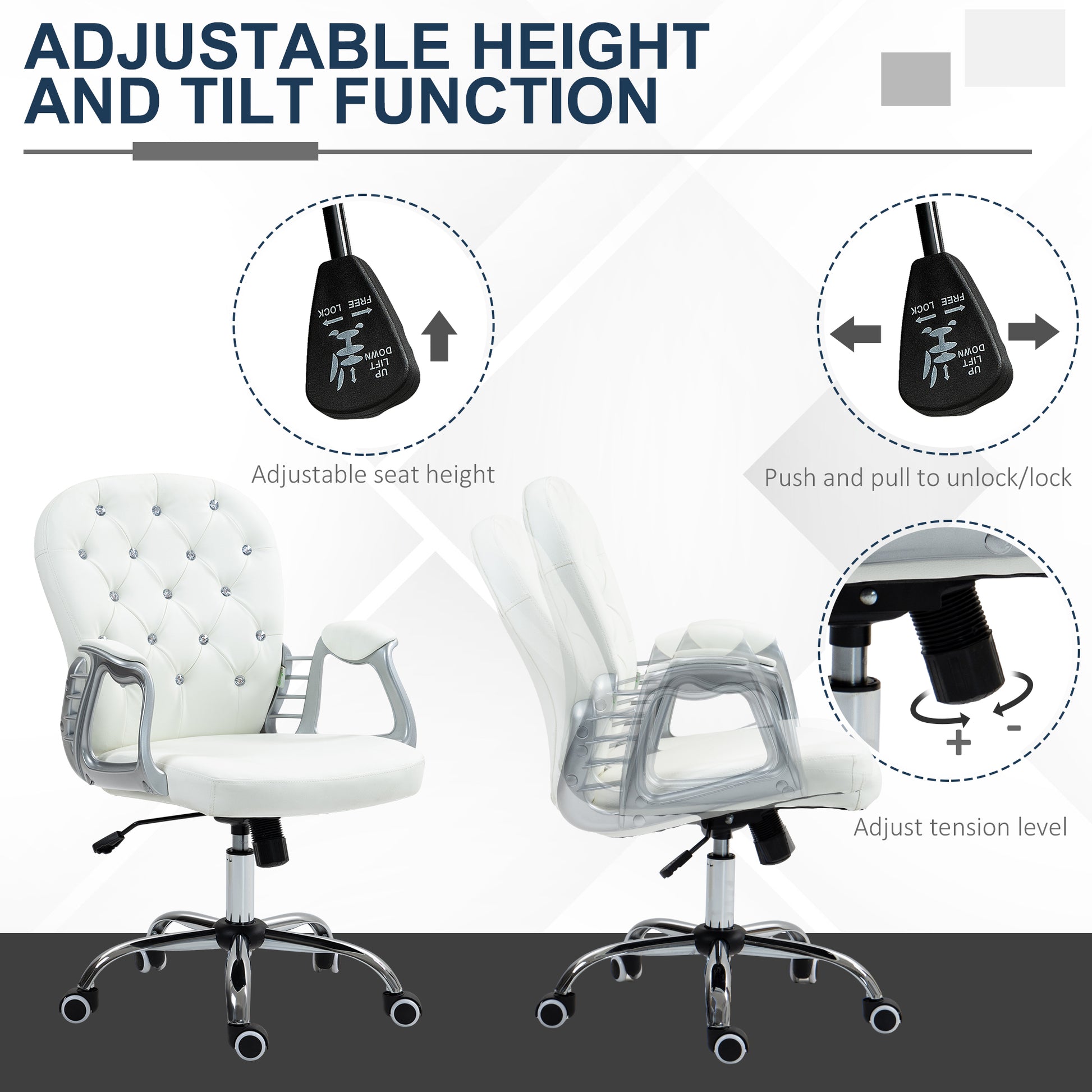 Home or Office Chair with 360° Swivel, PU Diamante Padded, Base 5 Castor Wheels, Ergonomic Desk Chair in White by Vinsetto-2