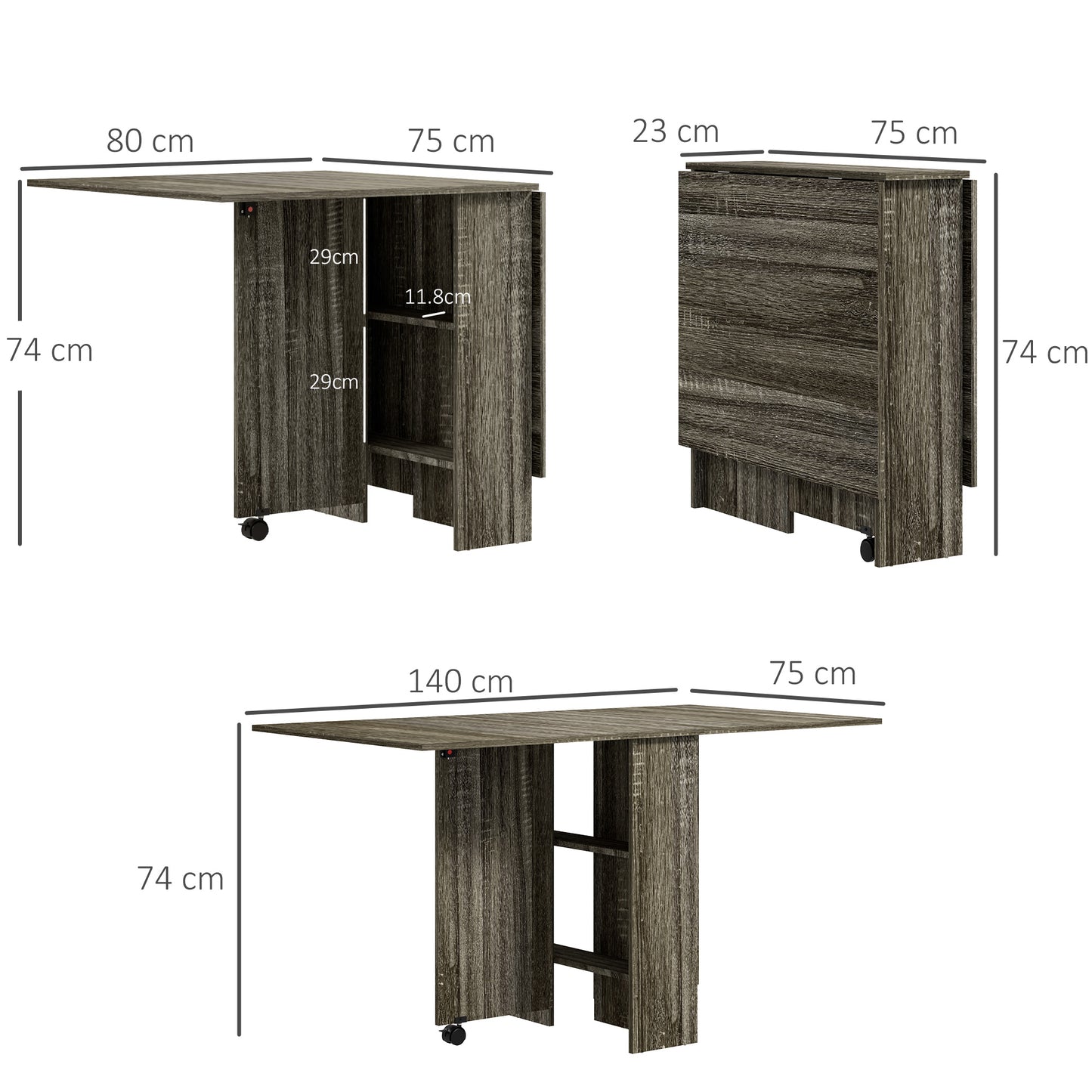 Grey Folding Kitchen Table with 2-tier Shelves, Rolling Casters, Drop Leaf Dining Table for Small Spaces | HOMCOM-1