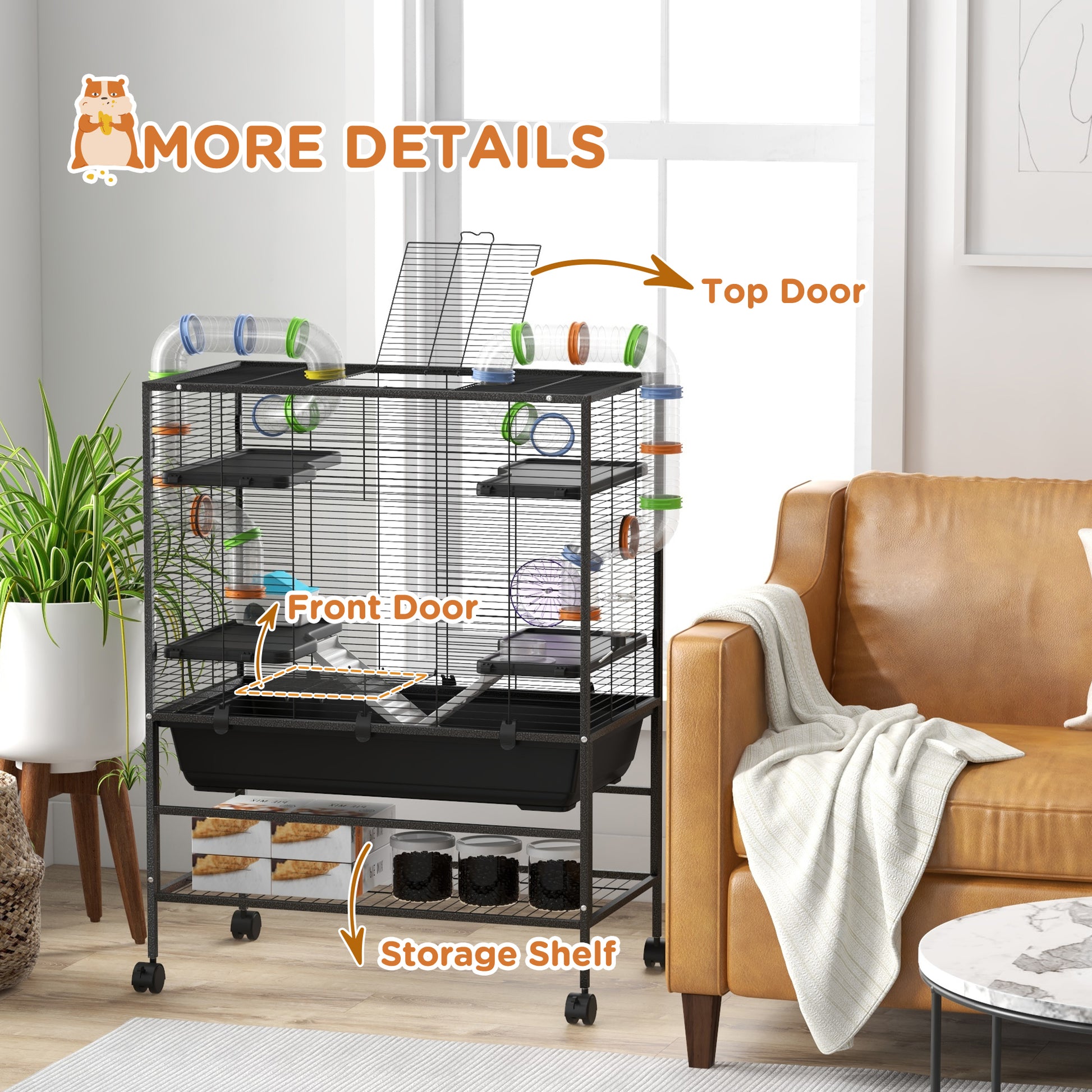 Large Hamster Cage Gerbil Cage with Tubes, Storage Shelf, Ramps, Platforms, Running Wheel - Black by PawHut-6