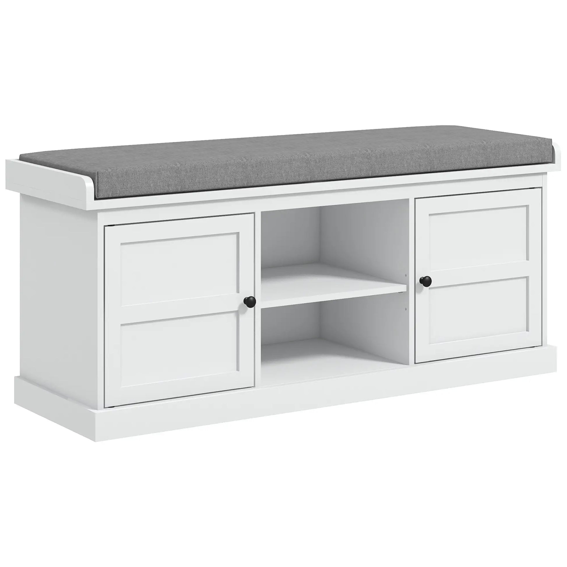 Shoe Bench w/ Seat, Shoe Storage Bench w/ Cushion, 2 Cabinets & Adjustable Shelf for Entryway, Hallway, Living Room, Bedroom, White | HOMCOM-0