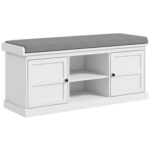 Shoe Bench w/ Seat, Shoe Storage Bench w/ Cushion, 2 Cabinets & Adjustable Shelf for Entryway, Hallway, Living Room, Bedroom, White | HOMCOM-0