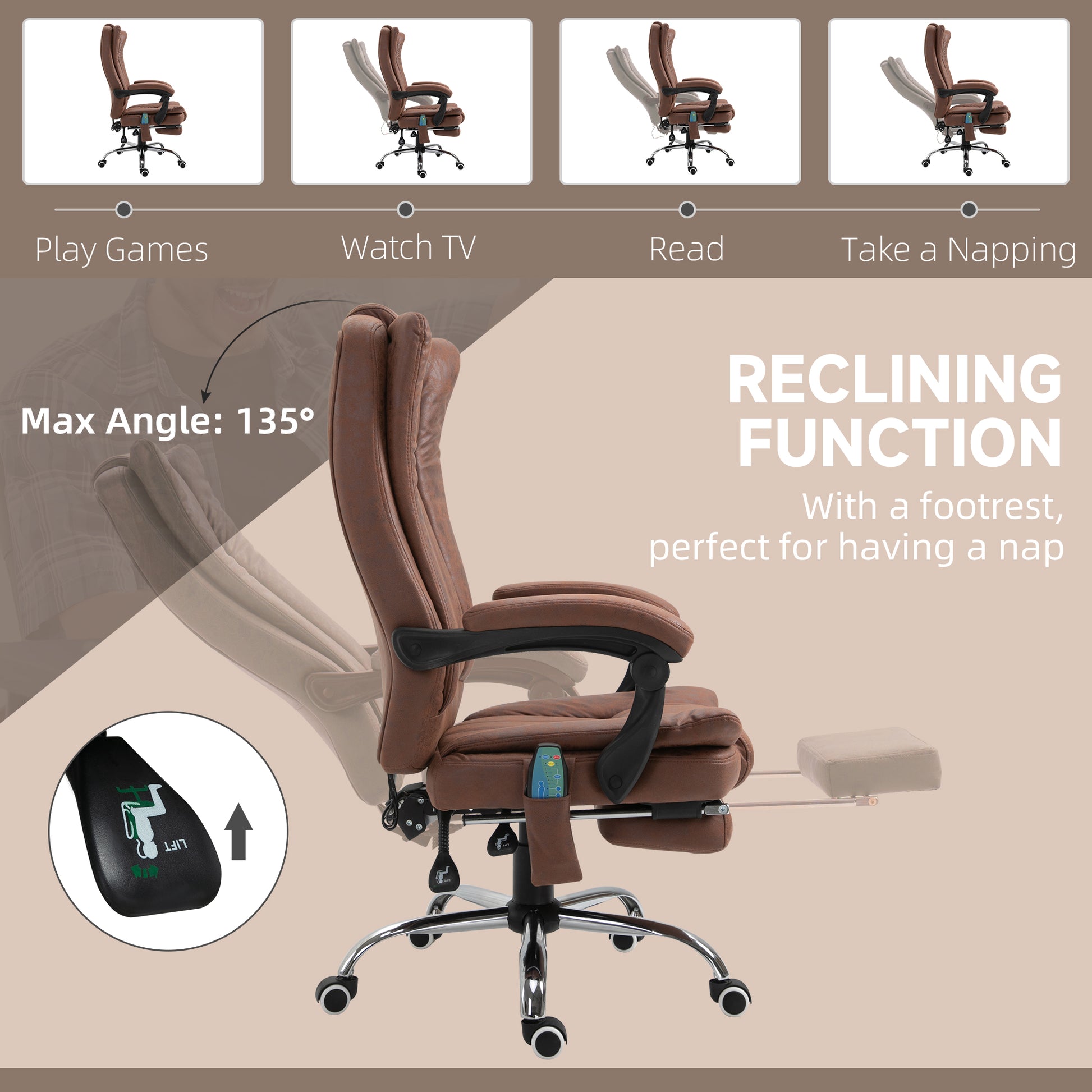 High Back Vibration Massage Office Chair, Executive Office Chair, Heated Reclining Leathaire Fabric Chair w/ Footrest, Brown | Vinsetto-7
