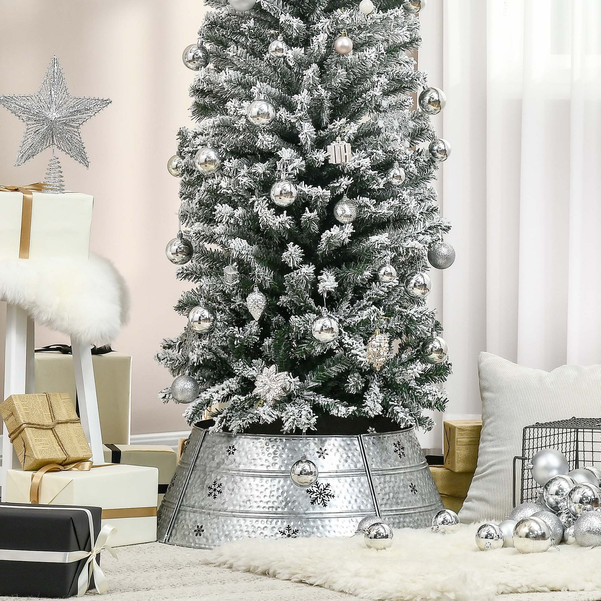 HOMCOM 66cm Christmas Tree Base Cover, Christmas Tree Collar with Hollow Snowflake Pattern for Holiday, Party, Silver-8