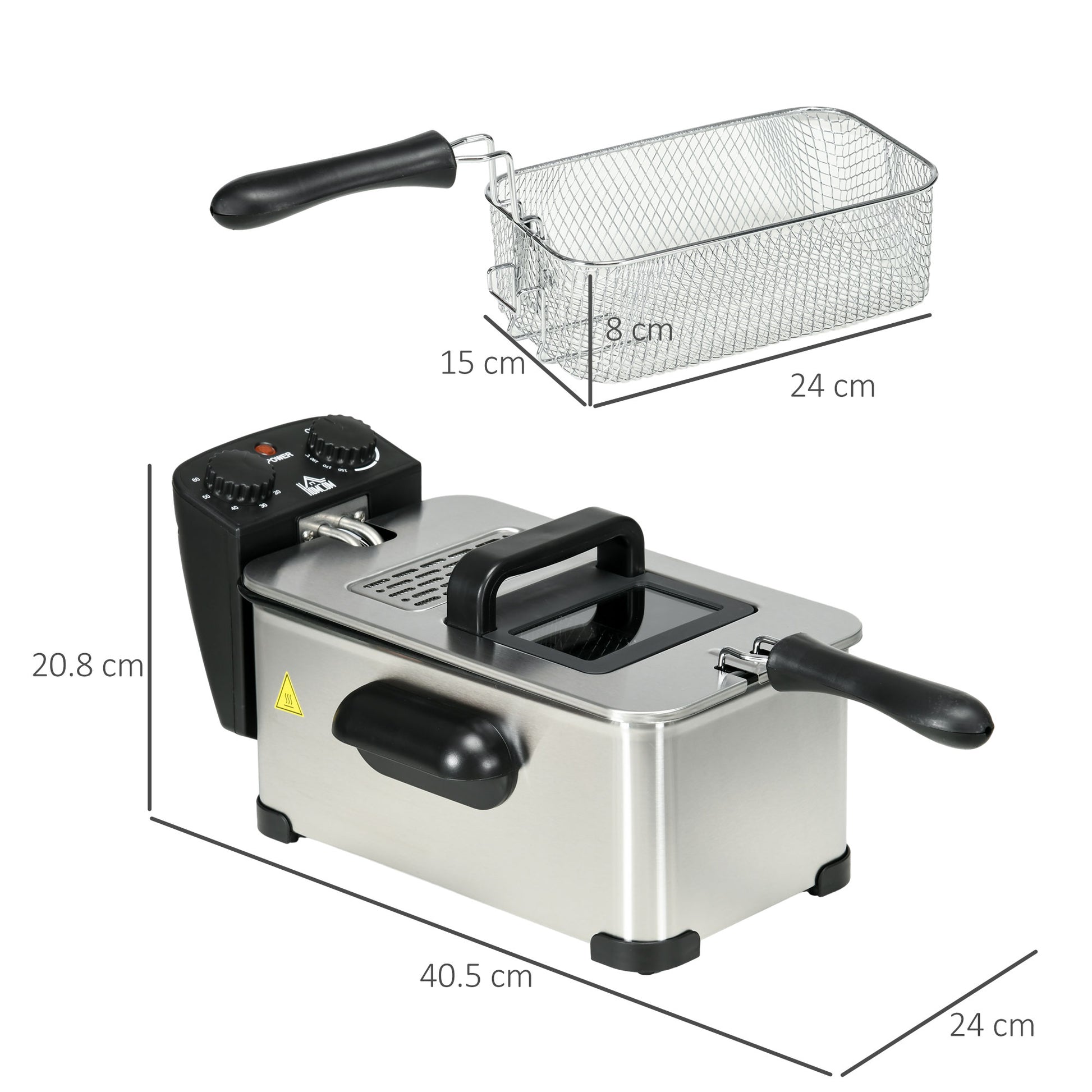 3 Litre Stainless Steel Deep Fat Fryer with Adjustable Temp, 60min Timer, Viewing Window and Safety Cut Out, 2000W | HOMCOM-1