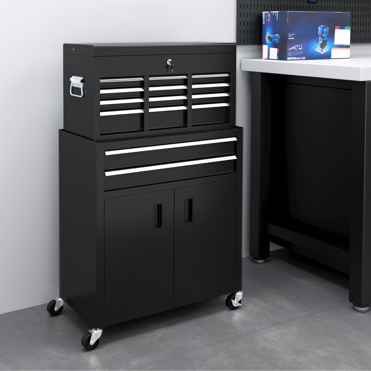 HOMCOM Portable Tool Box, Metal Tool Chest on Wheels with 6 Drawers for Garage and Workshop in Black-8