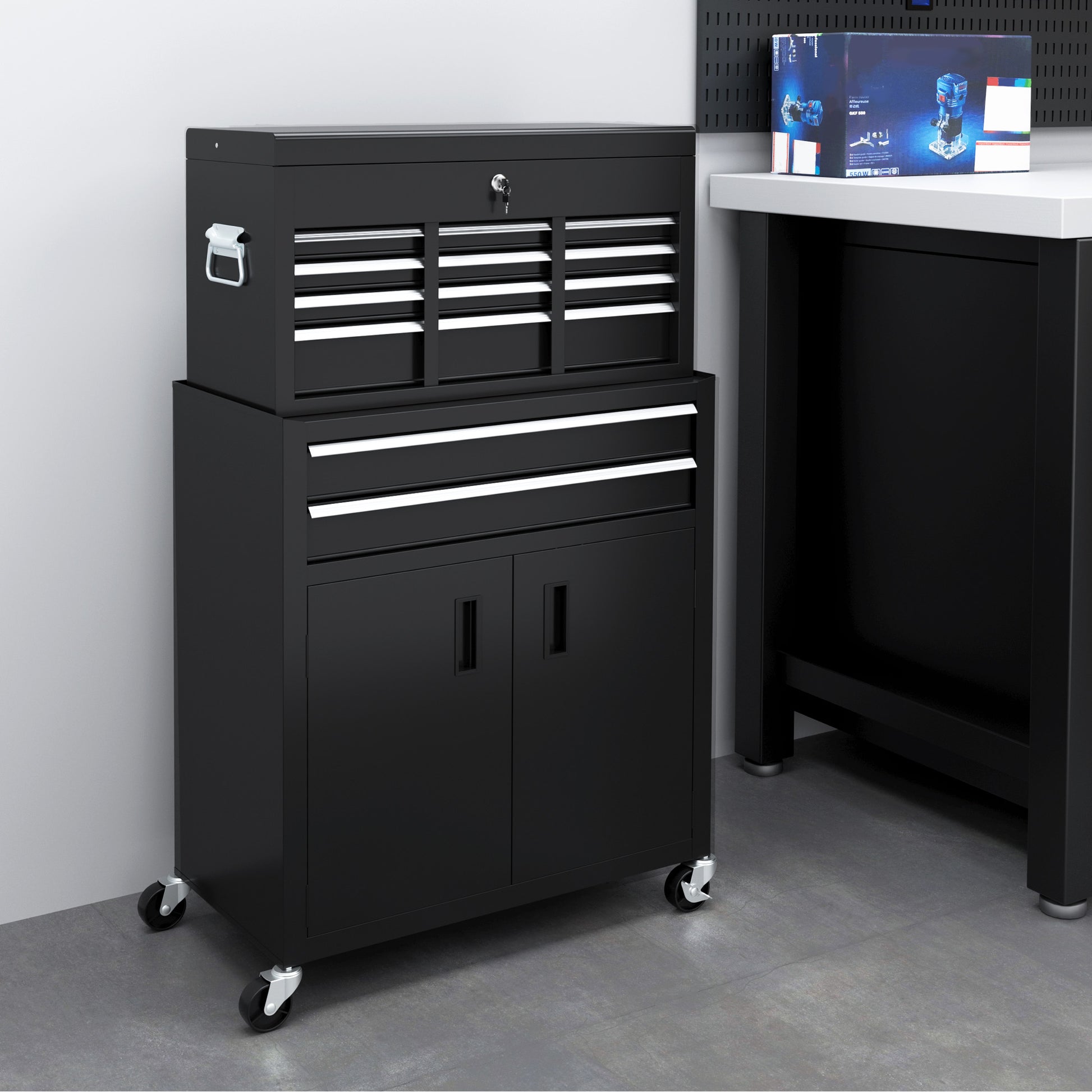 HOMCOM Portable Tool Box, Metal Tool Chest on Wheels with 6 Drawers for Garage and Workshop in Black-8