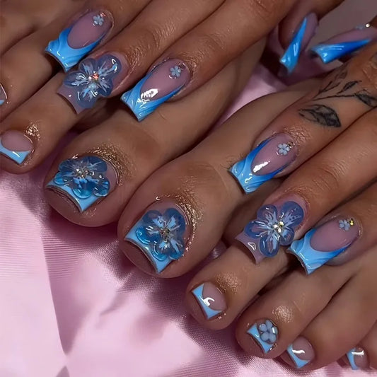 48 Pcs Blue 3D Flower Press On Nails Set-0