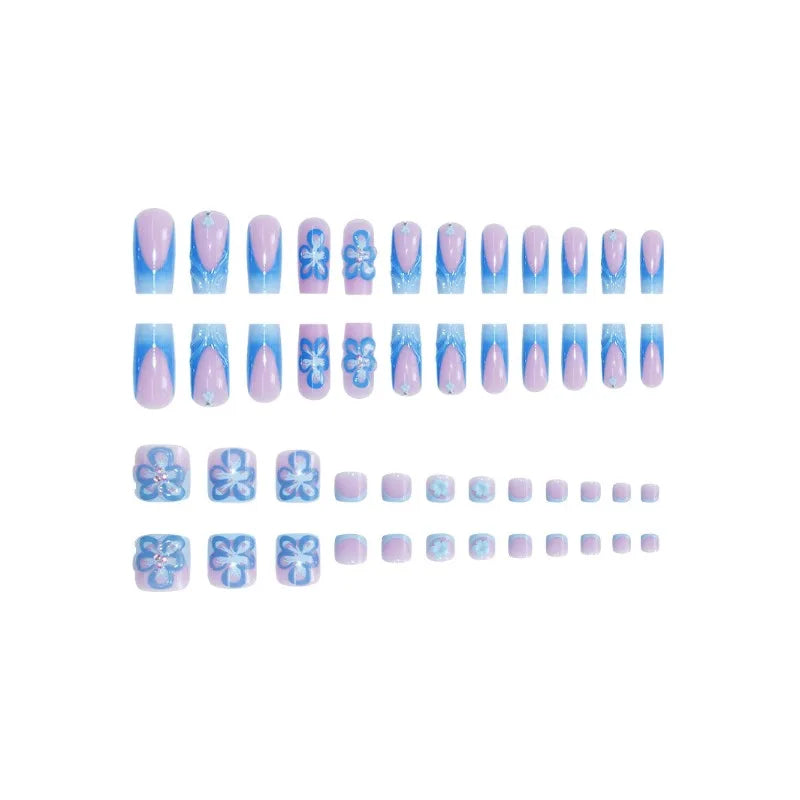 48 Pcs Blue 3D Flower Press On Nails Set-1