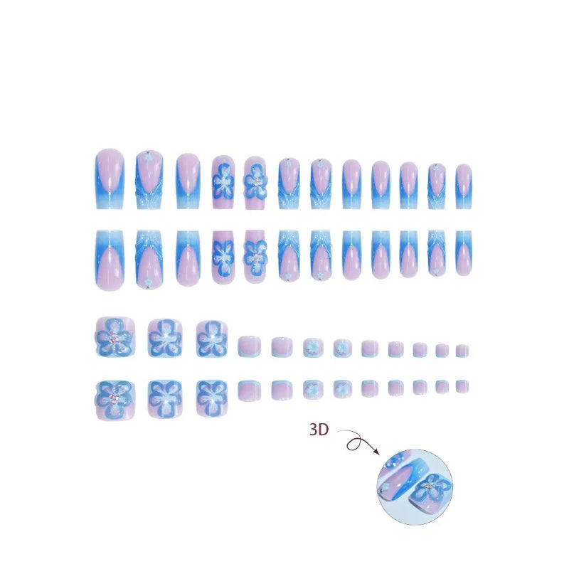 48 Pcs Blue 3D Flower Press On Nails Set-2