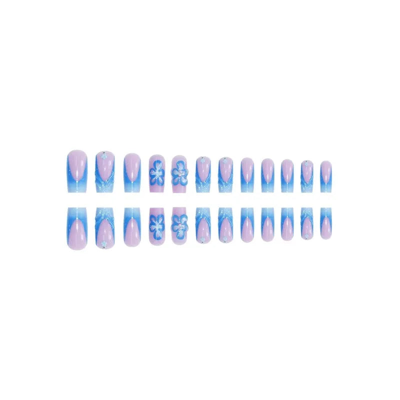 48 Pcs Blue 3D Flower Press On Nails Set-3