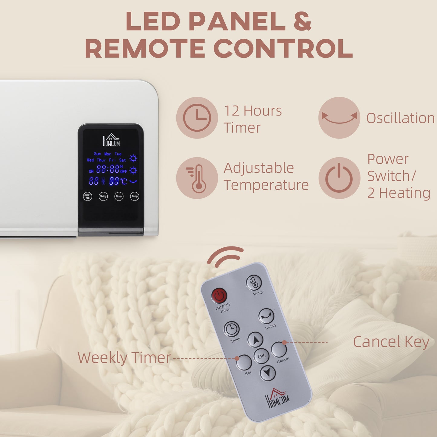 HOMCOM Electric Heater, 2000W Wall Mounted Space Heater with Remote Control, 2 Modes, Timer, Oscillation, Overheat Protection, Ceramic Heater in White-3