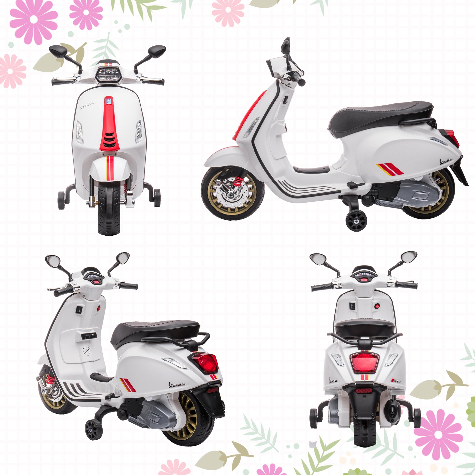 AIYAPLAY 12V Vespa Licensed Kids Electric Scooter Motorbike with Music, Headlights, FM Radio, for 3-6 Years in White-6