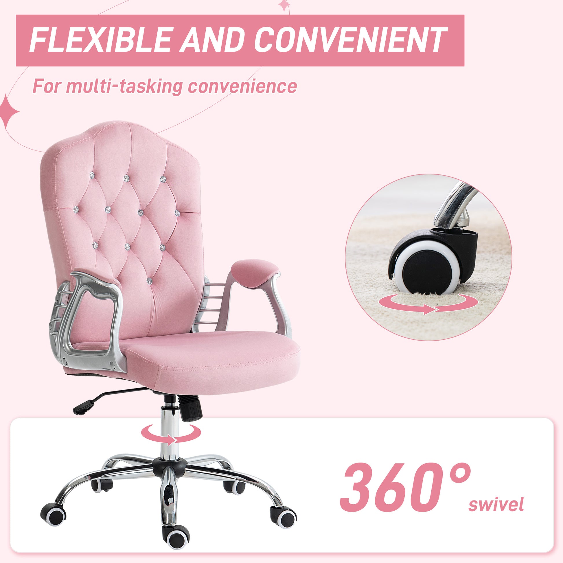 Vinsetto Computer Home Office Chair with 360 Degree Swivel Wheels, Adjustable Height, Tilt Function in Pink-4
