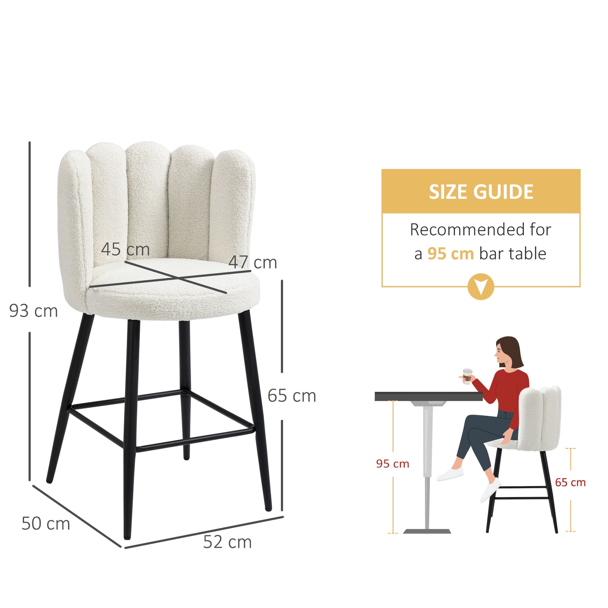 Bar Stools Set of 2, Faux Cashmere Upholstered Breakfast Bar Chairs, Modern Counter Bar Stool w/ Backs, Footrest & Steel Base, Cream | HOMCOM-1