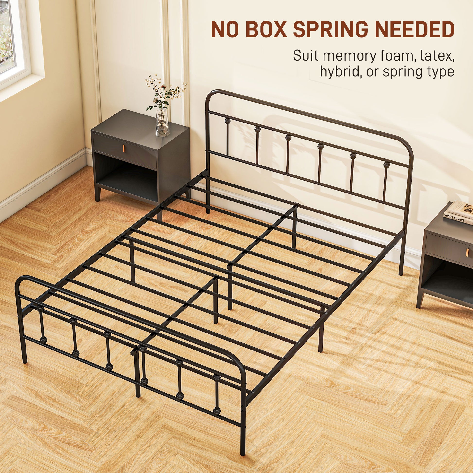HOMCOM 5ft King Platform Bed Frame with Underbed Storage Tall Headboard Steel Slat, No Box Spring Needed, Easy Assembly in Black-4
