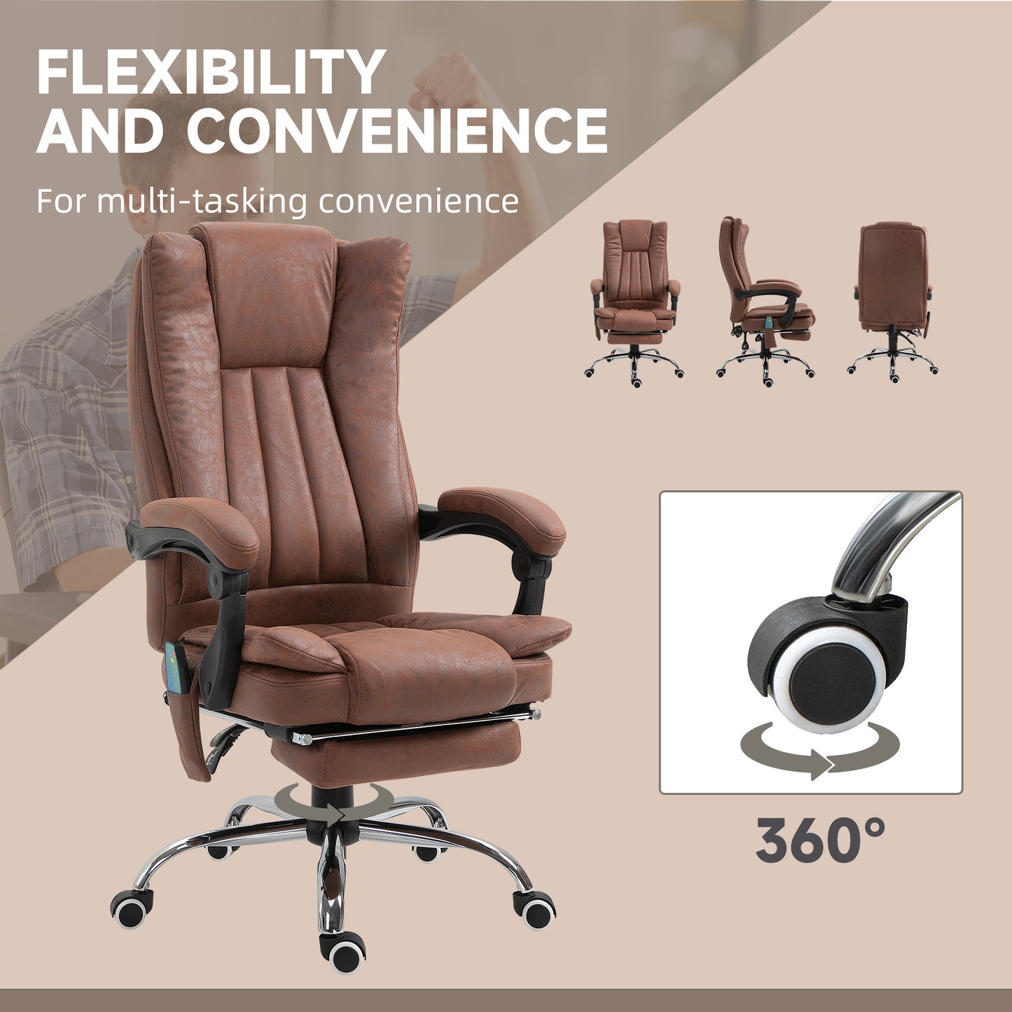 High Back Vibration Massage Office Chair, Executive Office Chair, Heated Reclining Leathaire Fabric Chair w/ Footrest, Brown | Vinsetto-3
