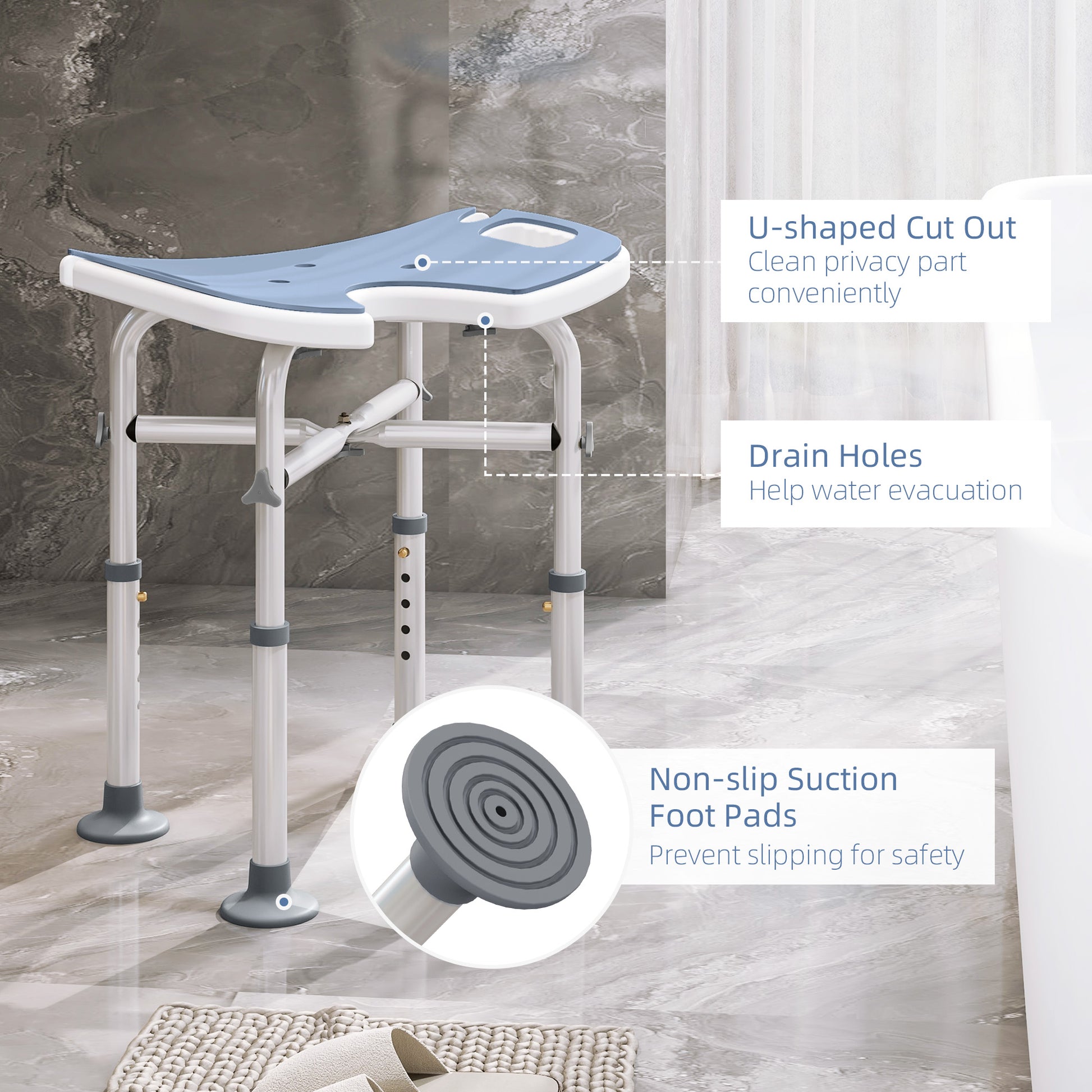 HOMCOM 39-51.5cm 'U' Seat Padded Shower Stool in Light Blue-2