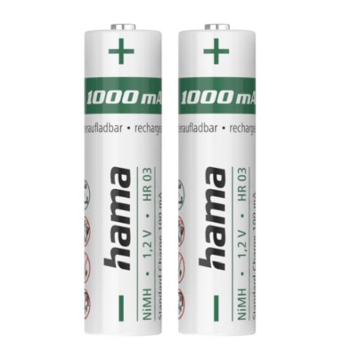 Hama NiMH AAA Micro Rechargeable Batteries (2-Pack), 1000mAh, 1.2V-0