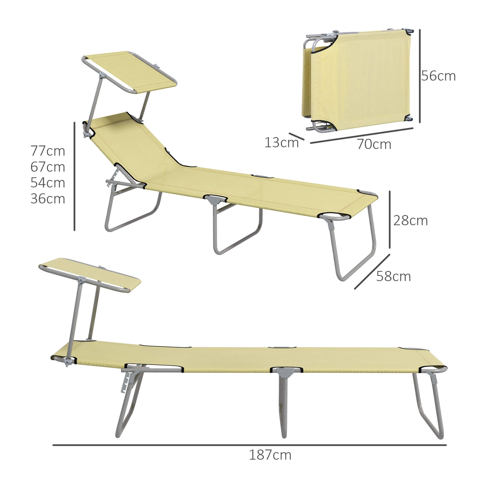 Outsunny Outdoor Foldable Sun Lounger Set of 2, 4 Level Adjustable Backrest, Reclining Chair with Angle Adjust Sun Shade Awning, Beige-1