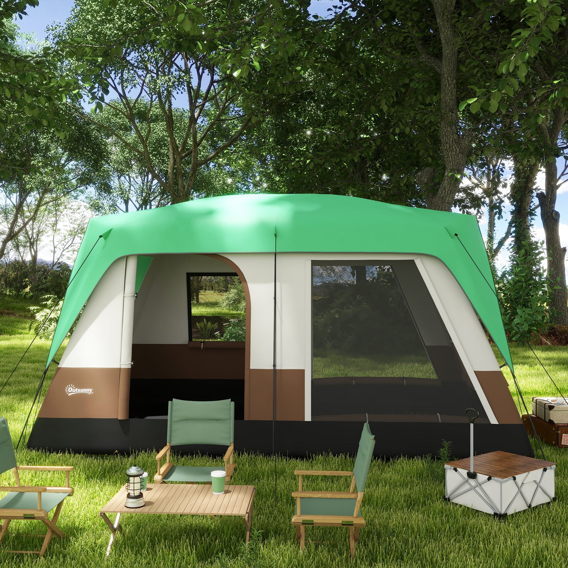 Seven-Man Camping Tent, with Small Rainfly and Accessories in Green | Outsunny-7