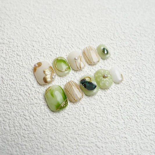 Handmade Press On Nails Daisy Design Short Round Head-0