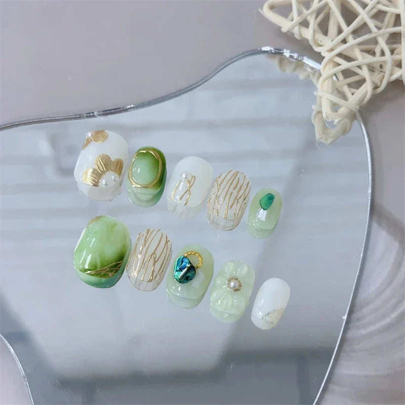 Handmade Press On Nails Daisy Design Short Round Head-5