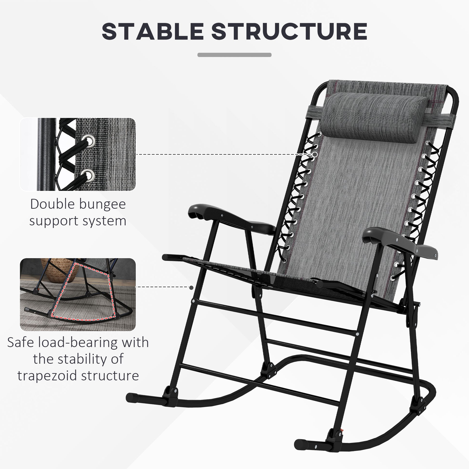 Folding Rocking Chair Outdoor Portable Zero Gravity Chair with Headrest in Grey | Outsunny-4