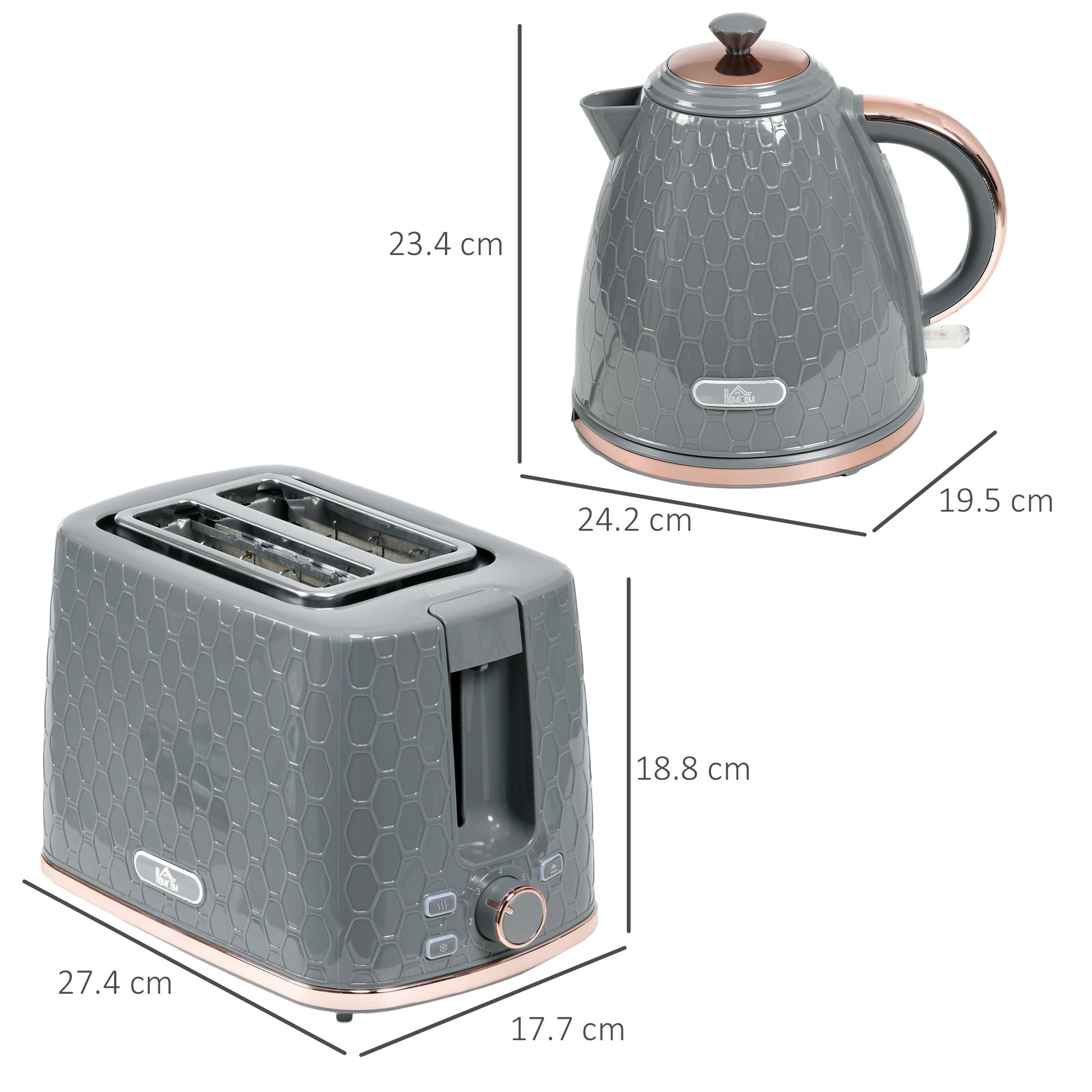 HOMCOM 1.7L 3000W Fast Boil Kettle & 2 Slice Toaster Set, Kettle and Toaster Set with Auto Shut Off, Browning Controls, Grey-1