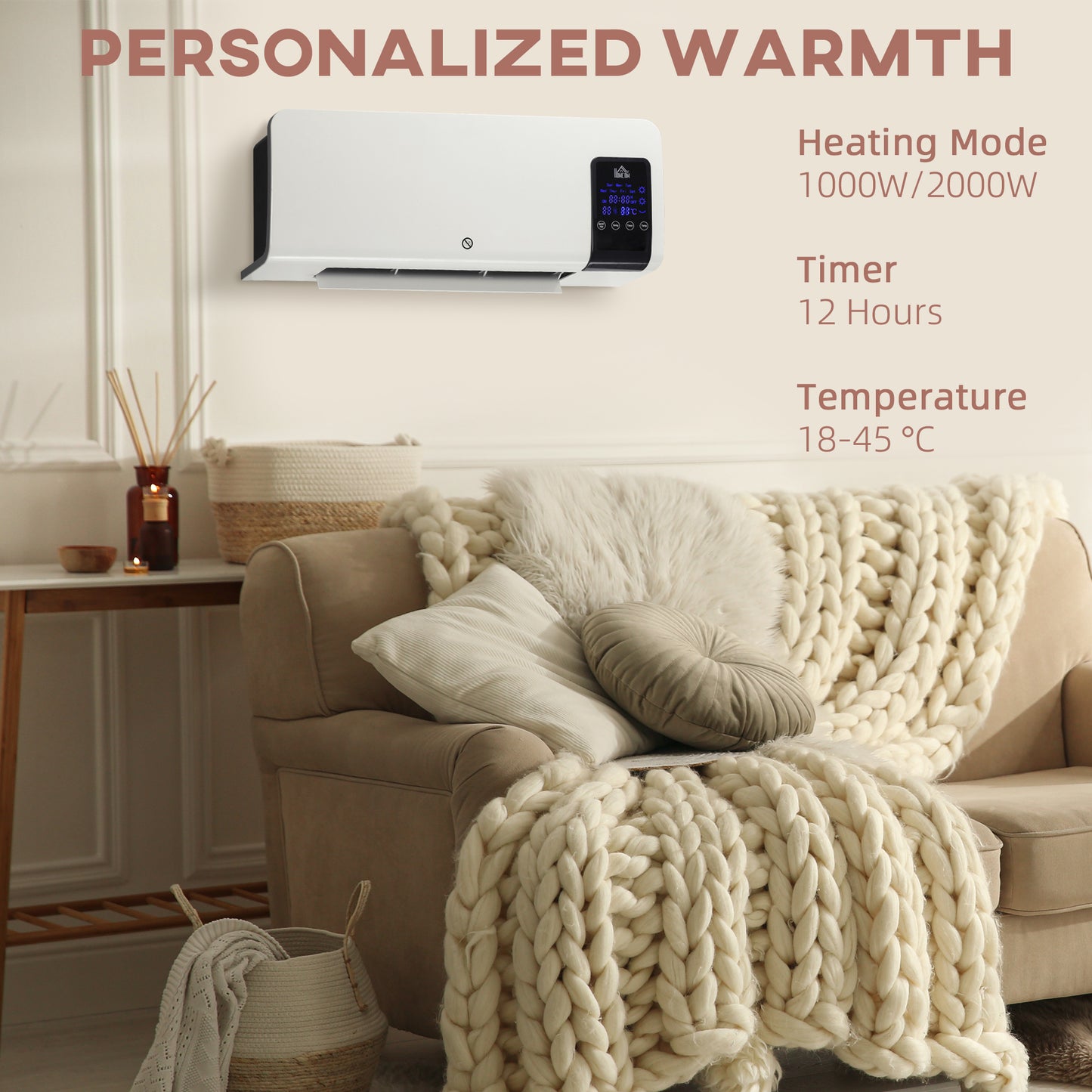 HOMCOM Electric Heater, 2000W Wall Mounted Space Heater with Remote Control, 2 Modes, Timer, Oscillation, Overheat Protection, Ceramic Heater in White-2