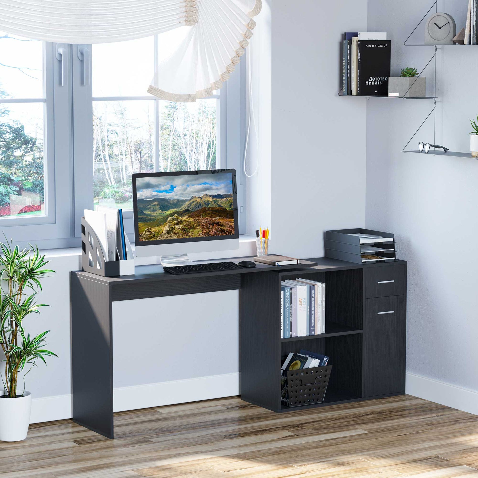 L-Shaped corner computer desk Table Study Table PC Workstation with Storage Shelf Drawer Home Office Black | HOMCOM-8