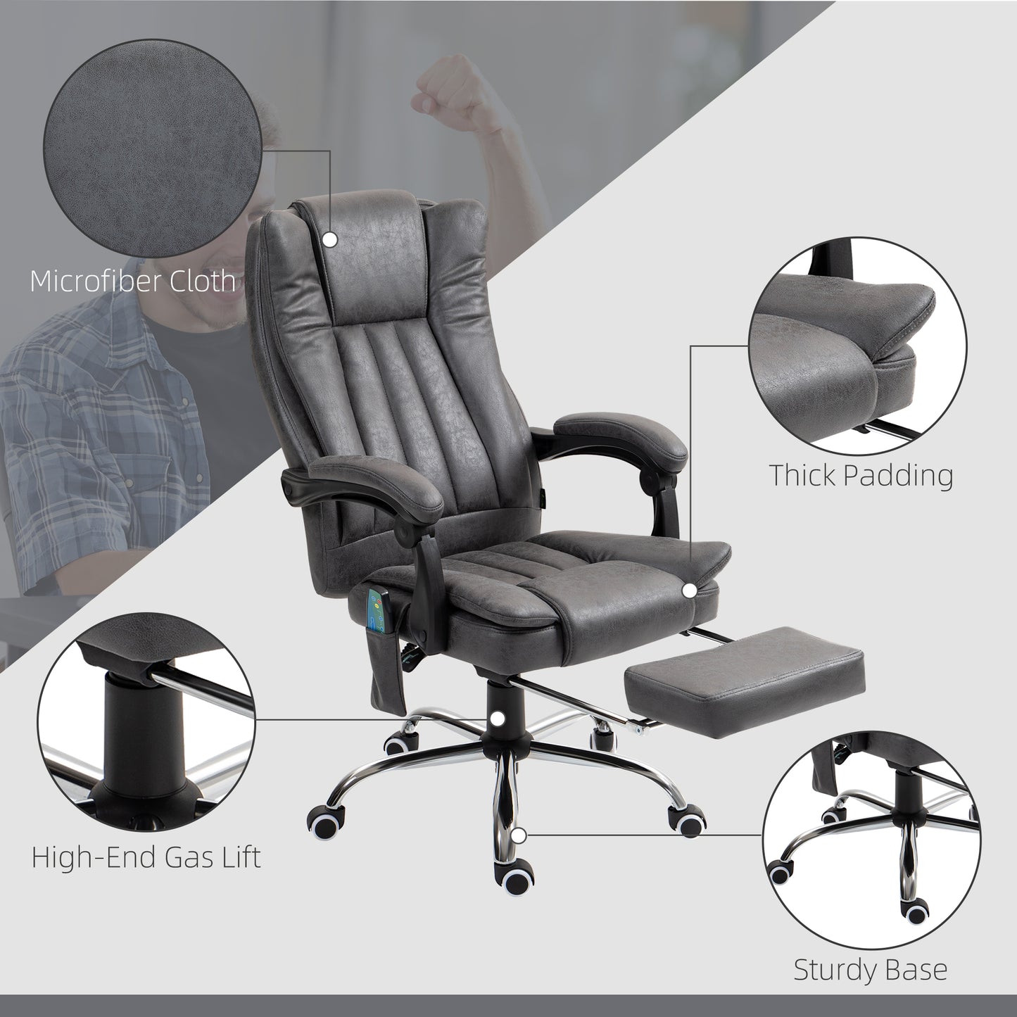 Vinsetto Six-Point Massage Chair, with Heat and Footrest in Dark Grey-4