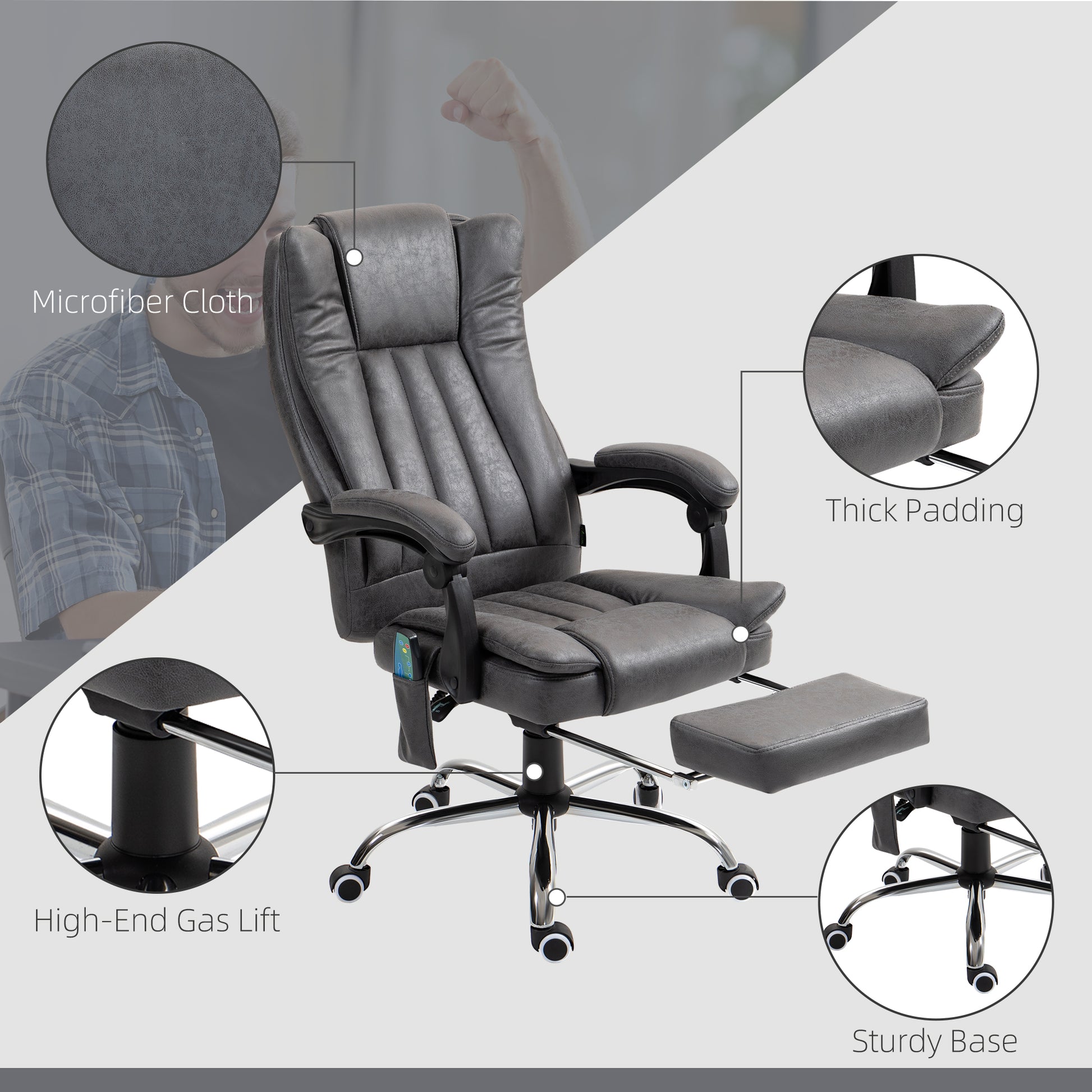 Vinsetto Six-Point Massage Chair, with Heat and Footrest in Dark Grey-4