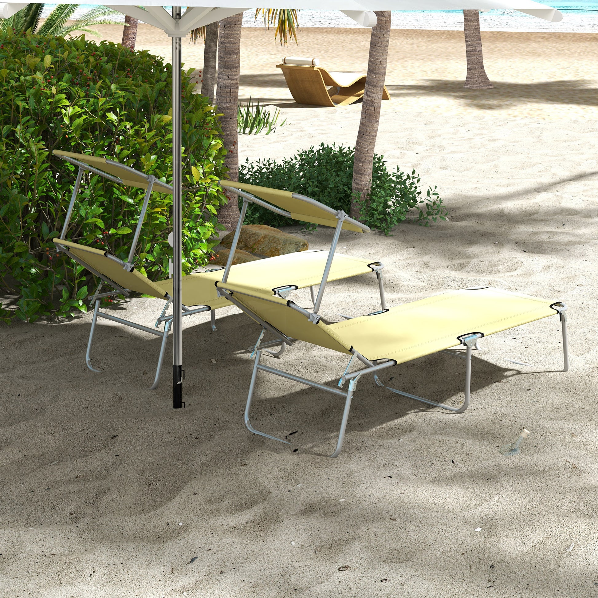 Outsunny Outdoor Foldable Sun Lounger Set of 2, 4 Level Adjustable Backrest, Reclining Chair with Angle Adjust Sun Shade Awning, Beige-7