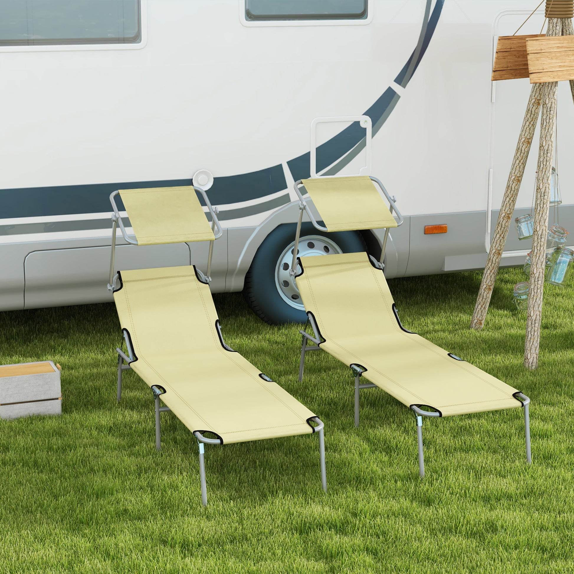 Outsunny Outdoor Foldable Sun Lounger Set of 2, 4 Level Adjustable Backrest, Reclining Chair with Angle Adjust Sun Shade Awning, Beige-8