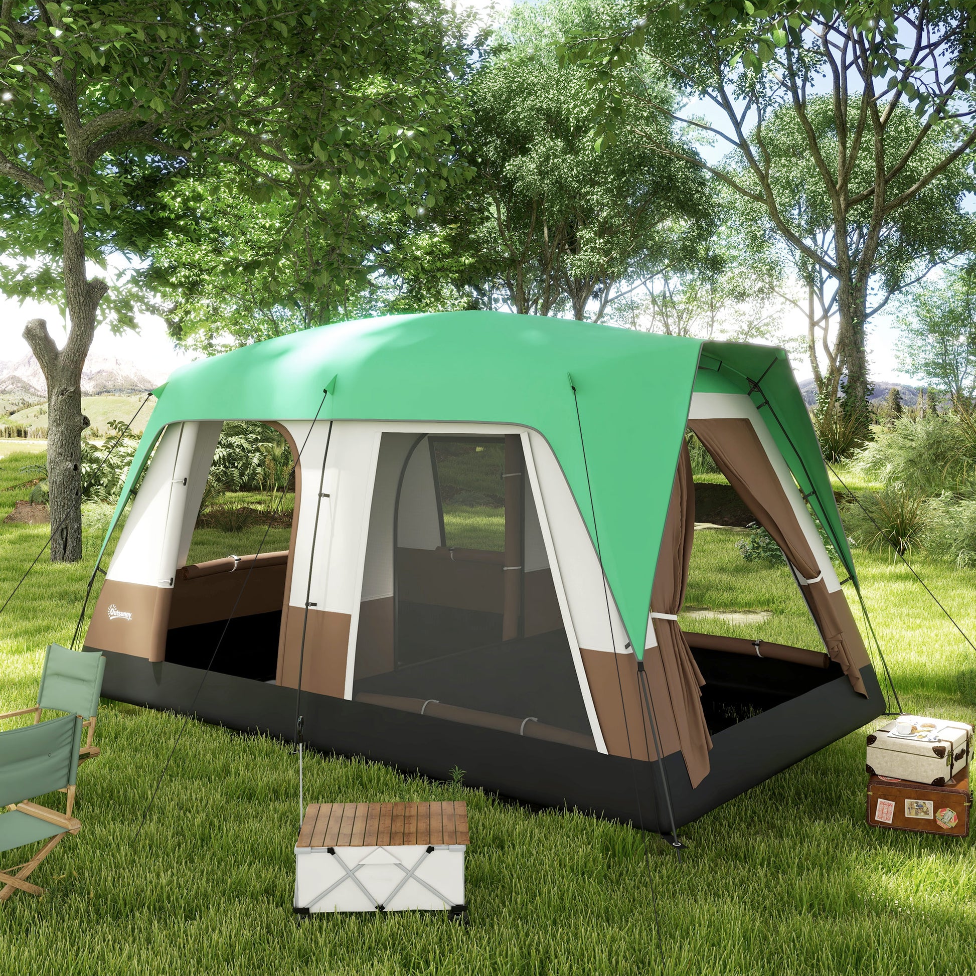 Seven-Man Camping Tent, with Small Rainfly and Accessories in Green | Outsunny-8